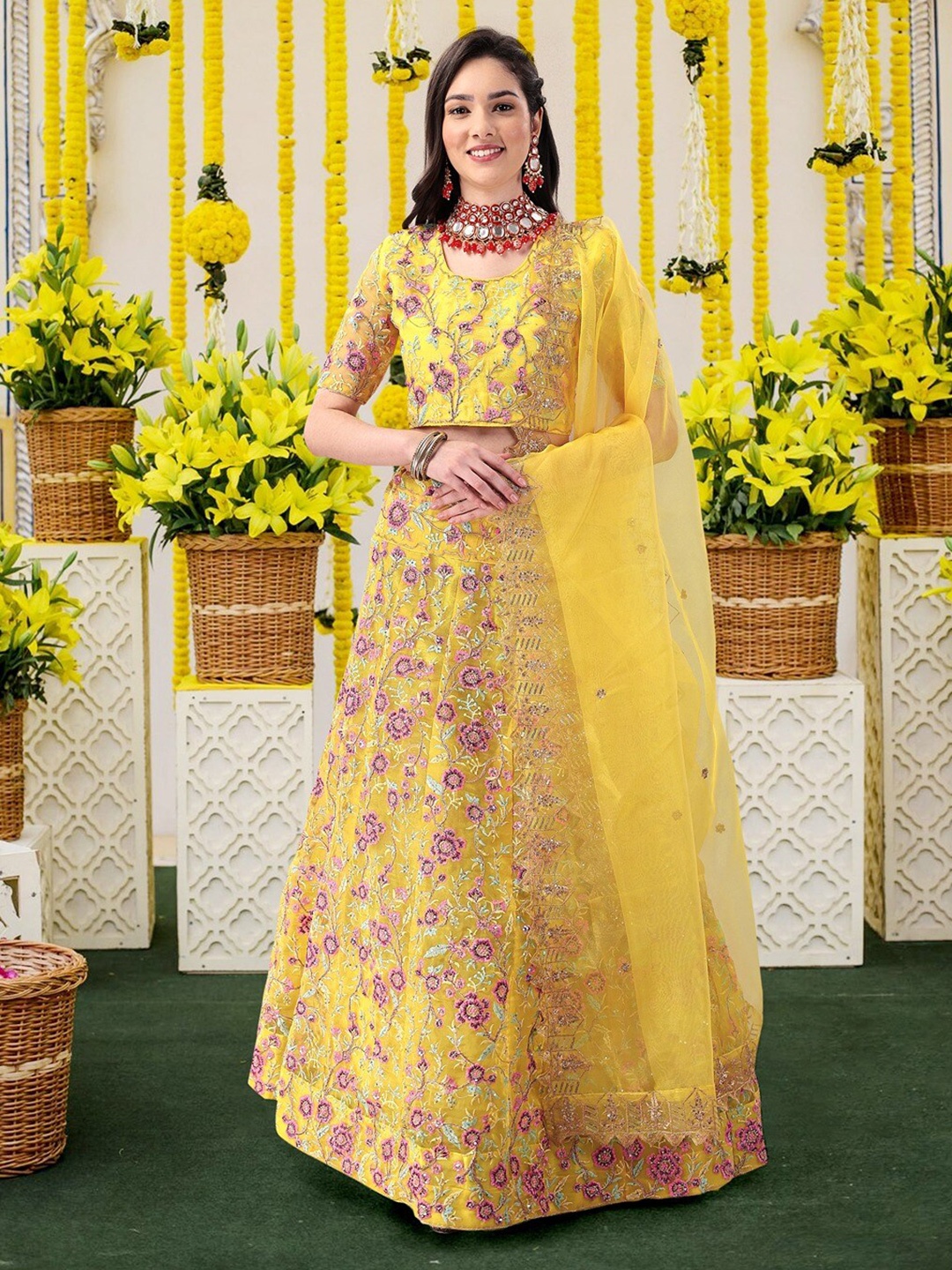 

Angroop Embroidered Sequinned Semi-Stitched Lehenga Choli With Dupatta, Yellow