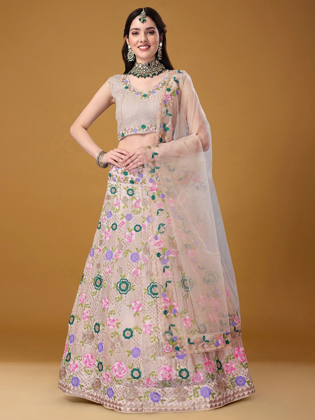 

Angroop Embroidered Sequinned Semi-Stitched Lehenga Choli With Dupatta, Beige