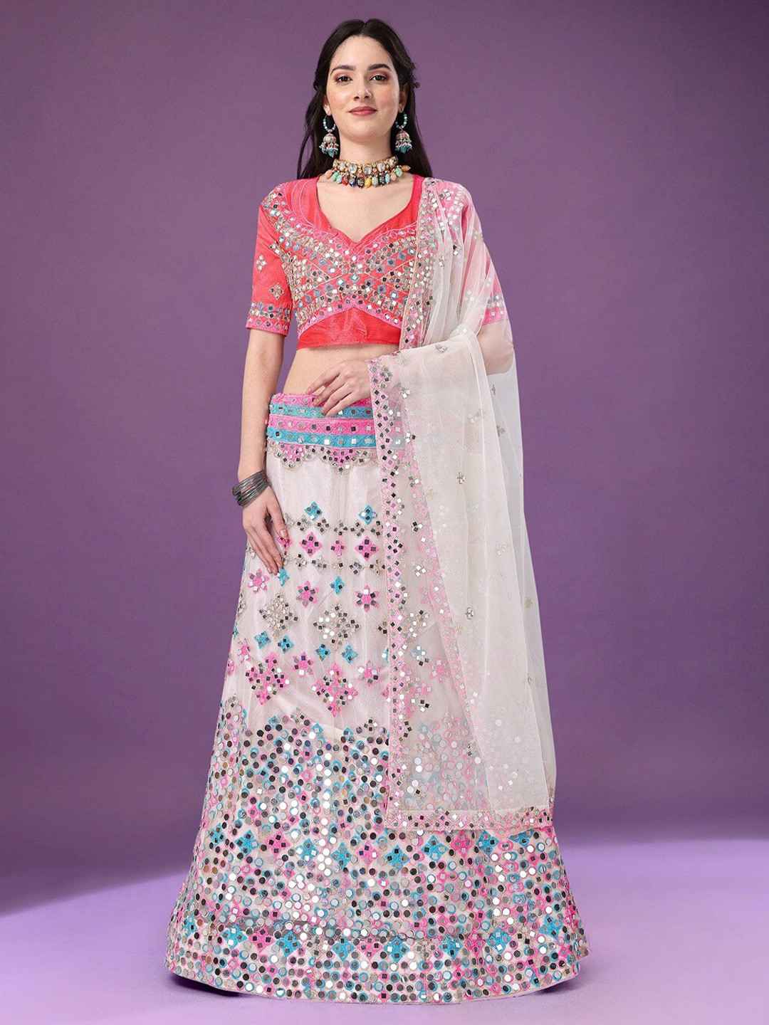 

Angroop Embellished Mirror Work Semi-Stitched Lehenga Choli With Dupatta, White