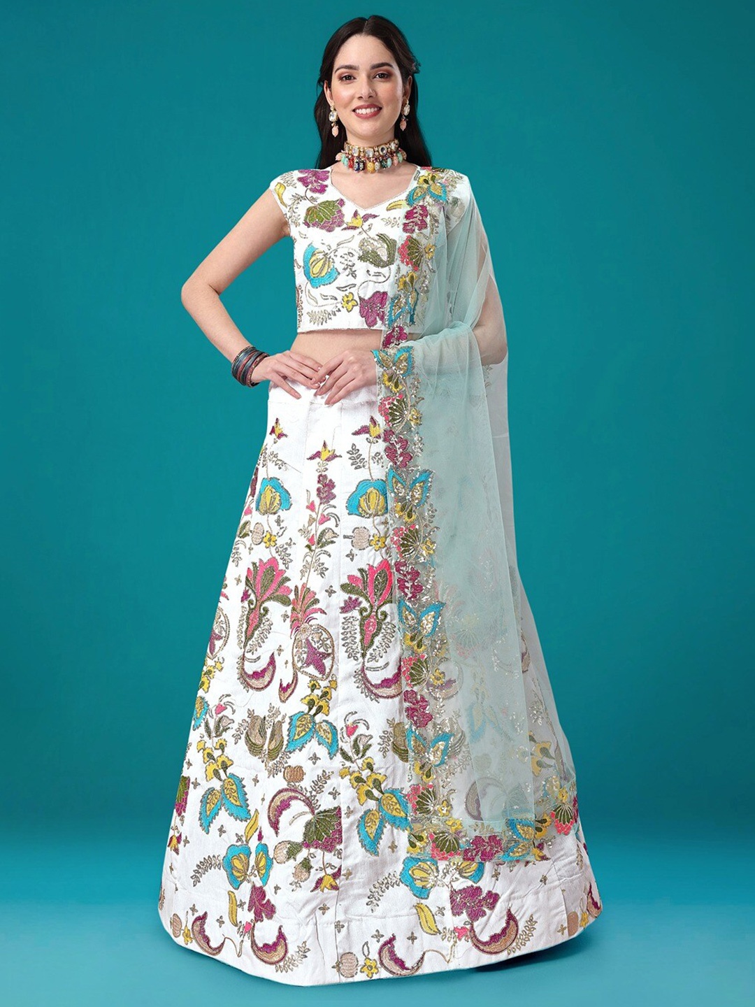 

Angroop Embroidered Sequinned Semi-Stitched Lehenga Choli With Dupatta, White