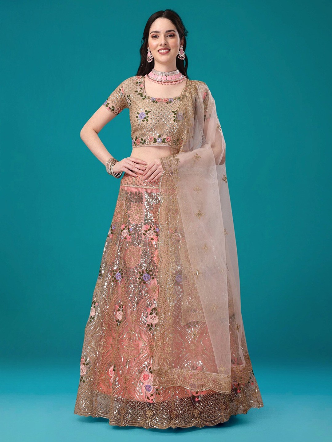 

Angroop Embroidered Sequinned Semi-Stitched Lehenga Choli With Dupatta, Rose gold