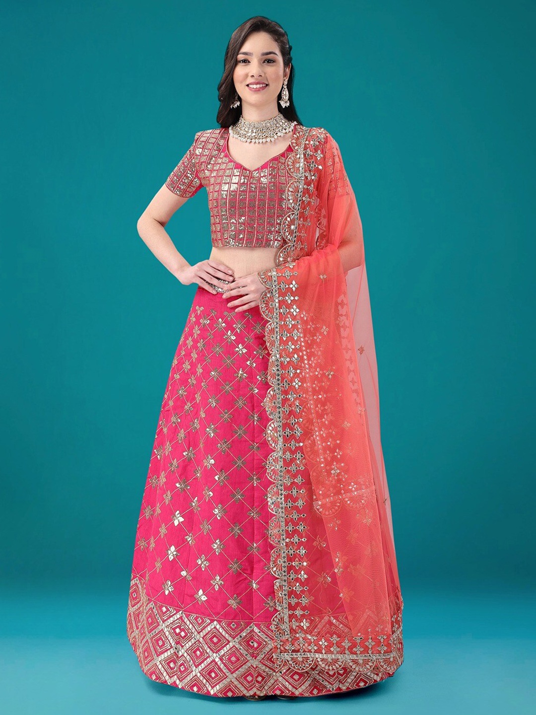 

Angroop Embellished Mirror Work Semi-Stitched Lehenga Choli With Dupatta, Pink