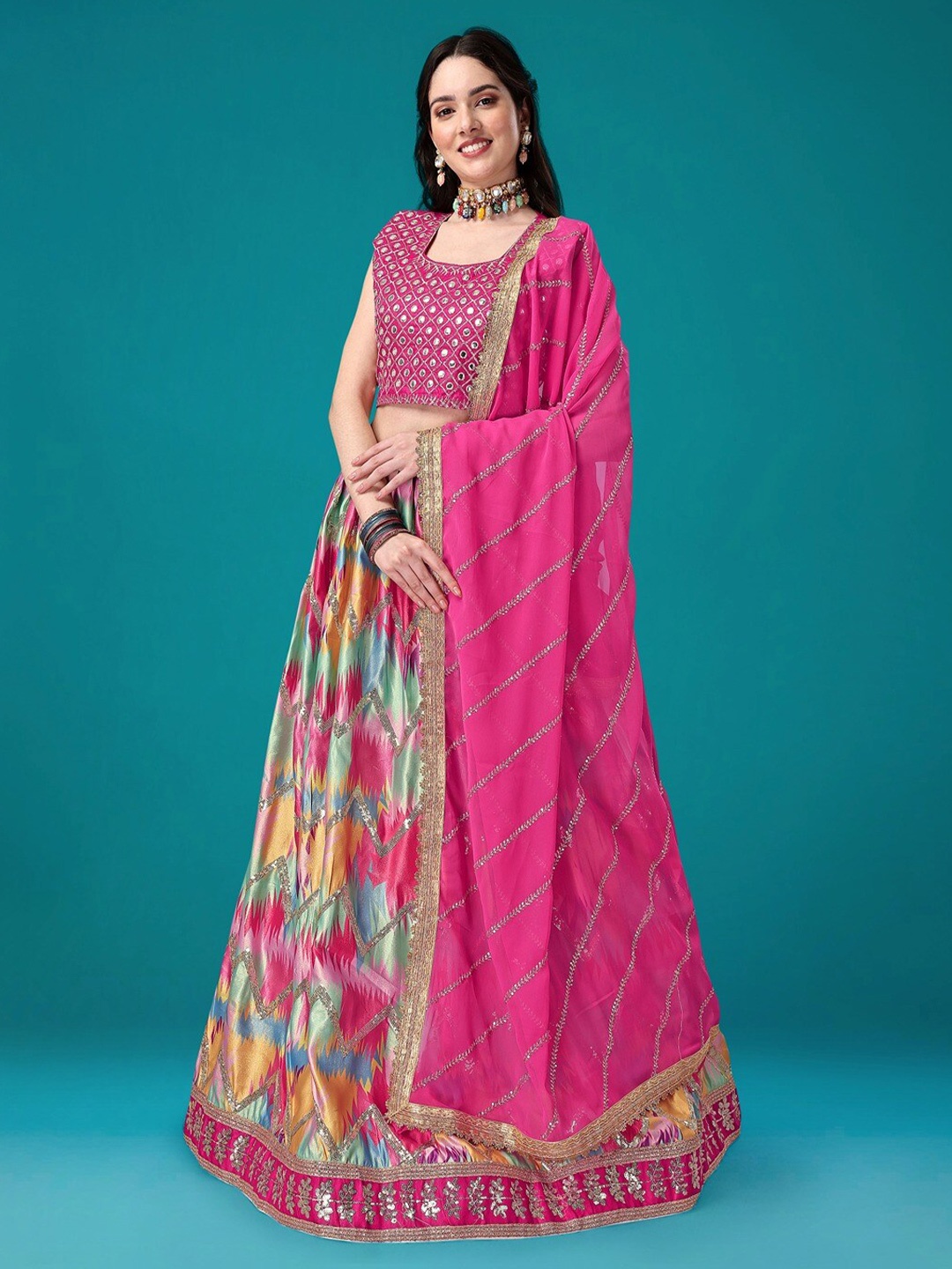 

Angroop Embroidered Semi-Stitched Lehenga & Unstitched Blouse With Dupatta, Pink