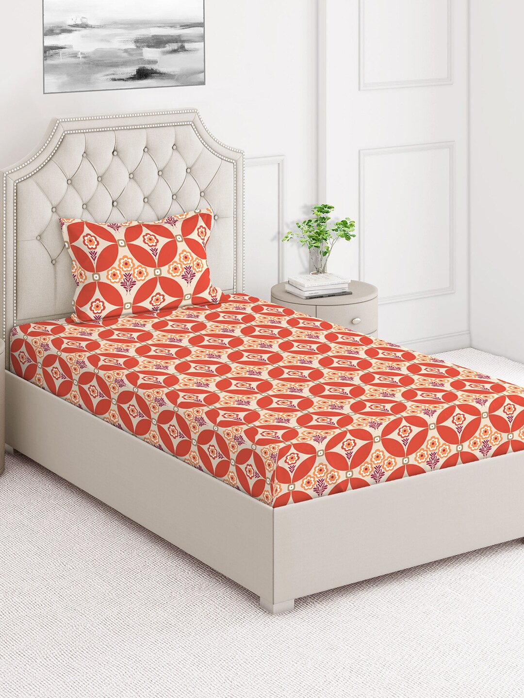 

Layers Orange Floral 140 TC Flat Cotton Single Bedsheet with 1 Pillow Cover