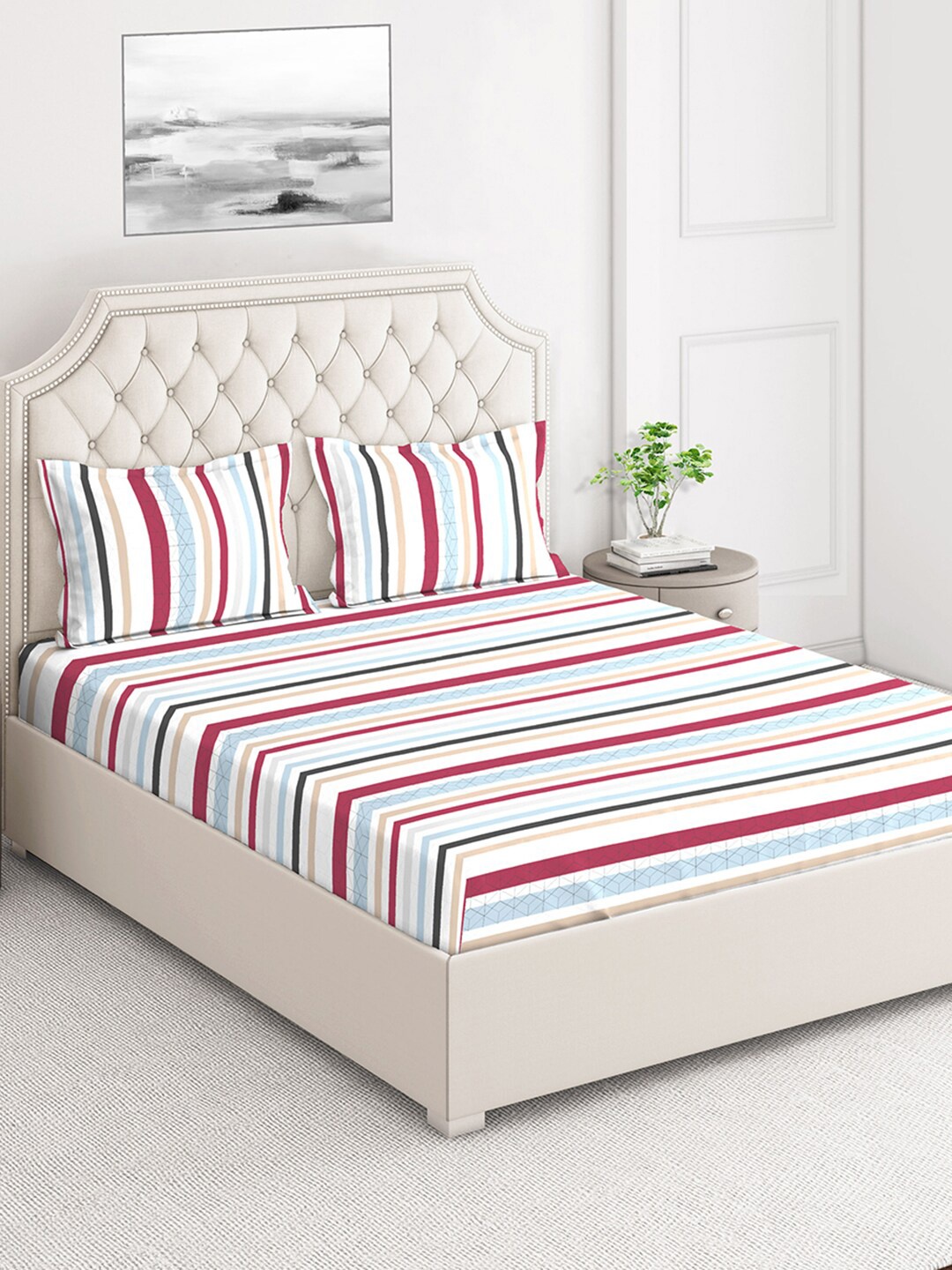

Layers Off White & Blue Striped 124 TC Flat King Bedsheet with 2 Pillow Covers