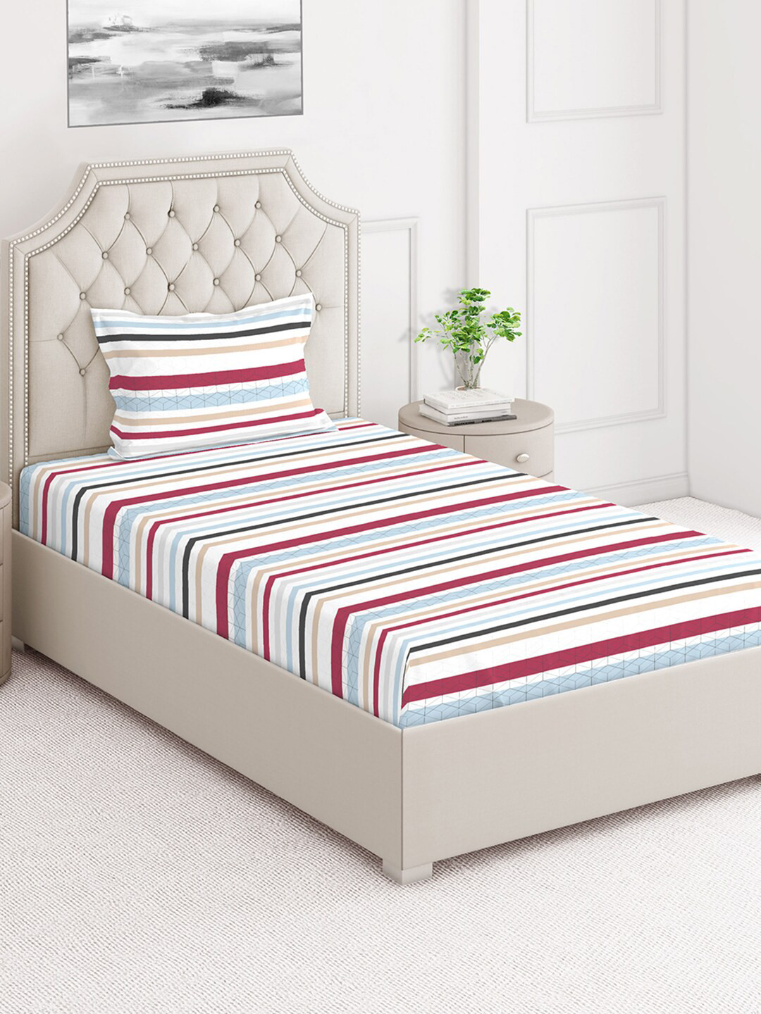 

Layers White & Pink Striped 124 TC Flat Single Bedsheet with 1 Pillow Cover