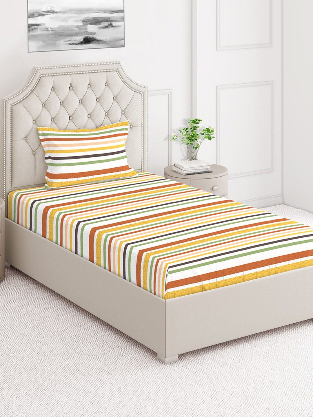 

Layers Yellow & White Striped 124 TC Flat Single Bedsheet with 1 Pillow Cover