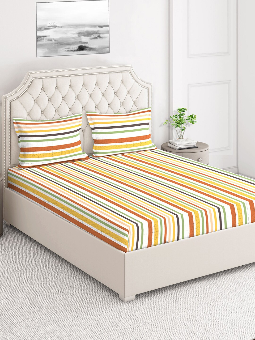 

Layers Brown & Yellow Striped 124 TC Flat Queen Bedsheet with 2 Pillow Covers