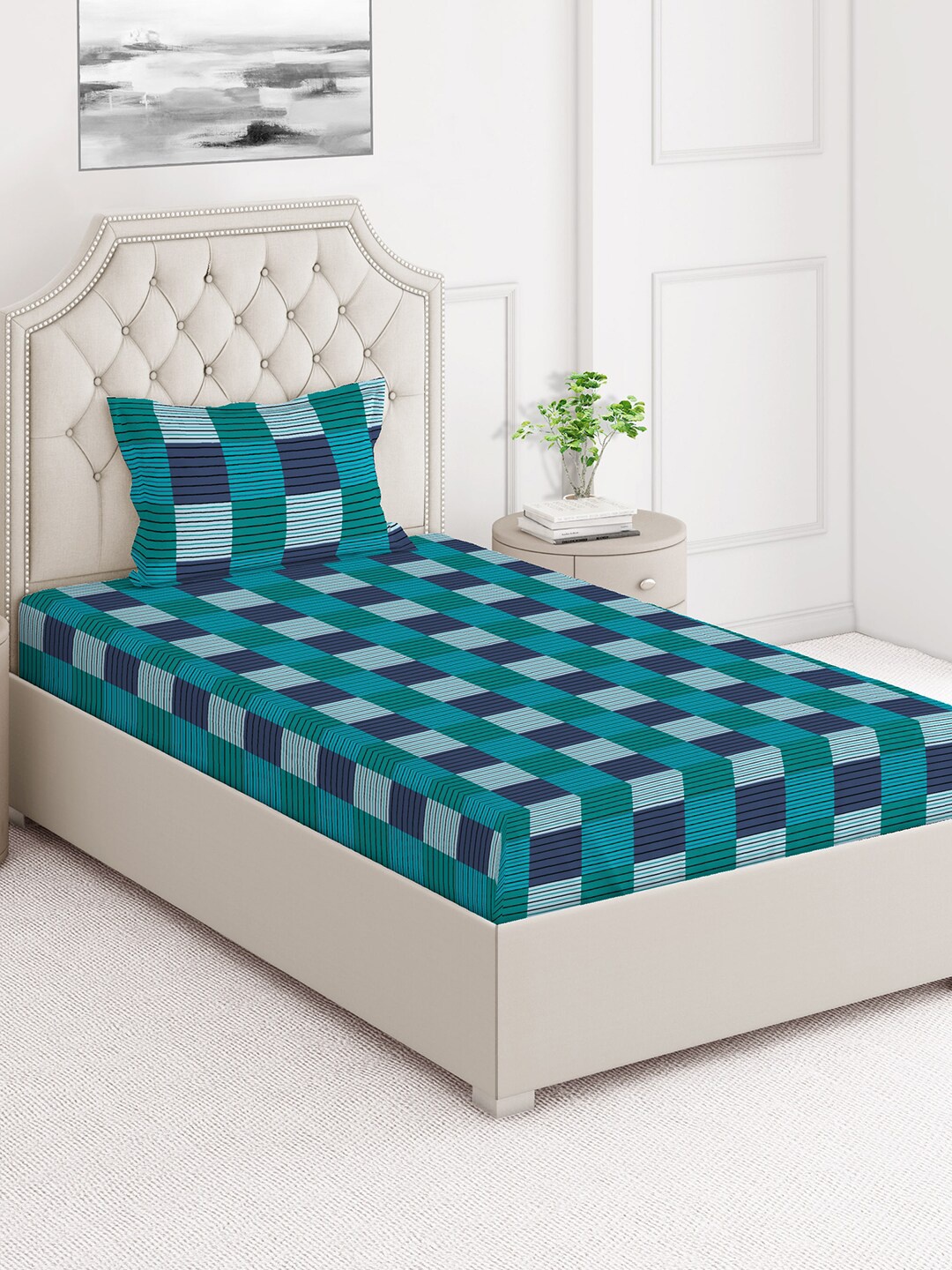 

Layers Firenze Blue & Green Geometric 140 TC Cotton Flat Single Bedsheet with Pillow Cover