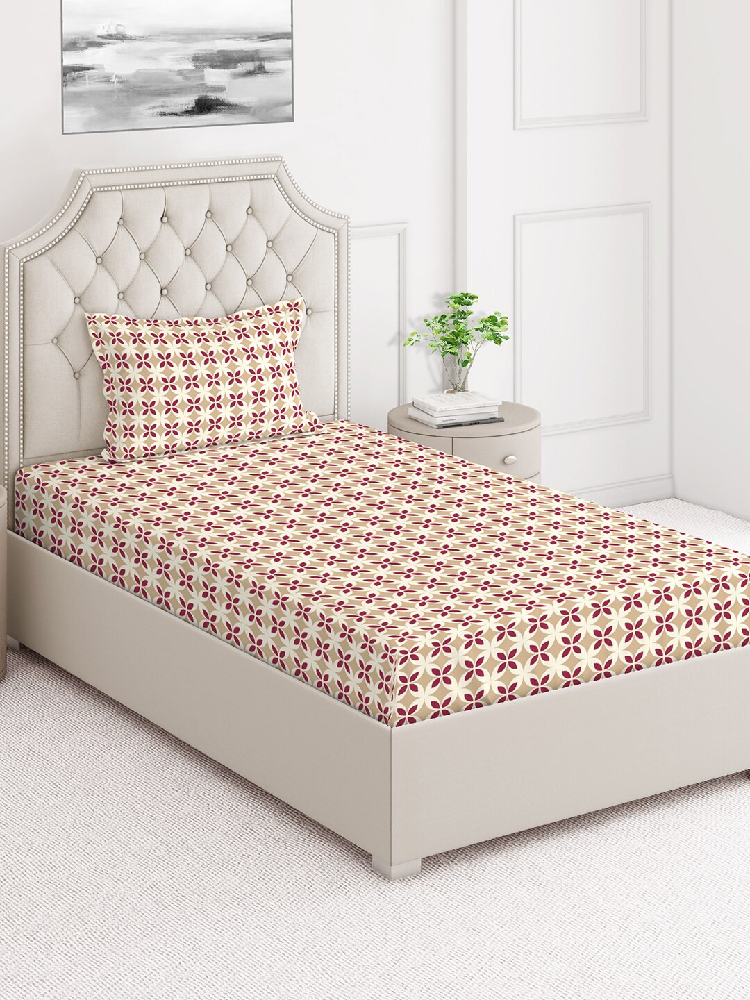 

Layers Firenze Beige Geometric 140 TC Flat Cotton Single Bedsheet with 1 Pillow Cover