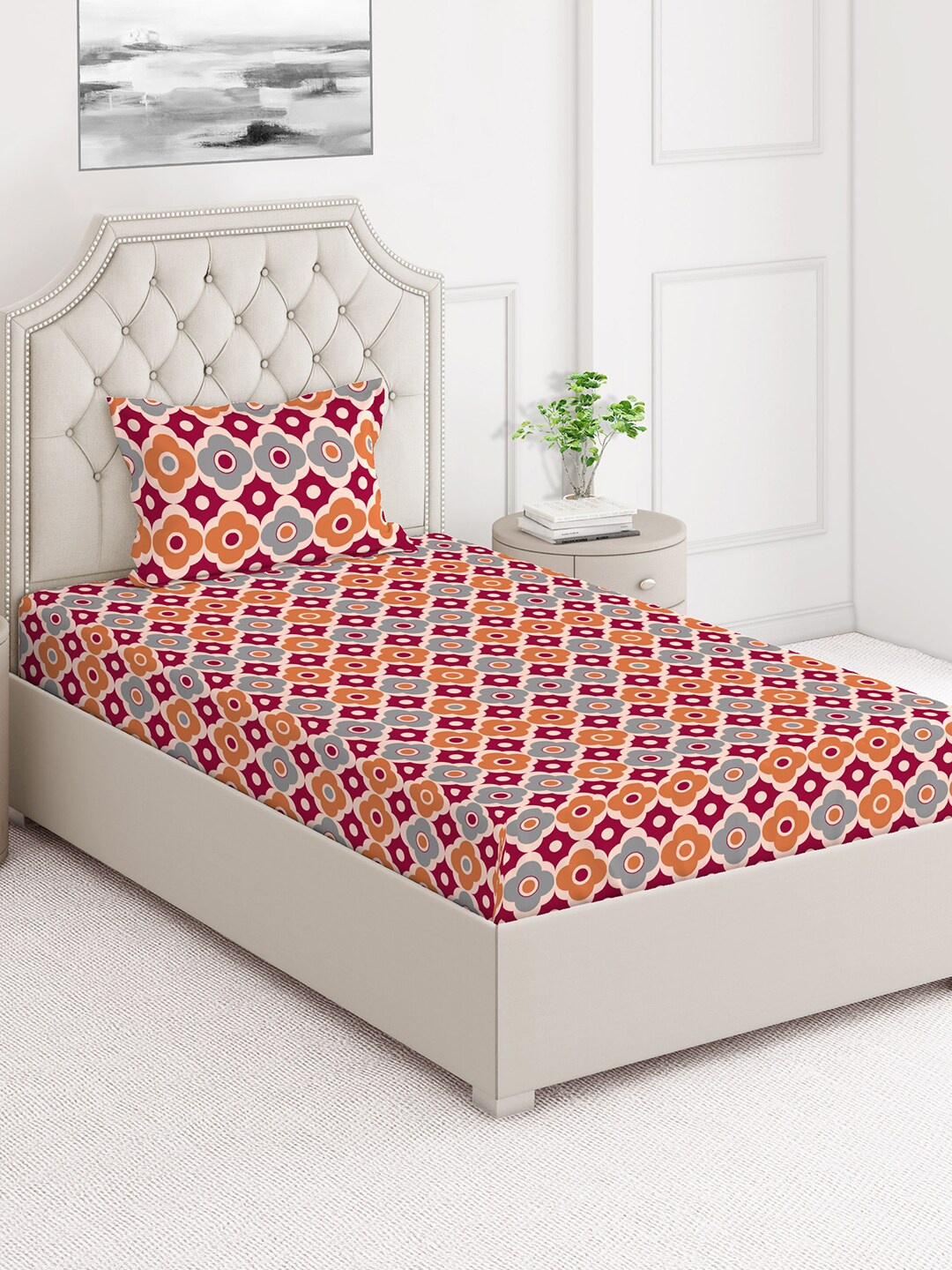 

Layers Firenze Red & Grey 140 TC Flat Cotton Single Bedsheet with 1 Pillow Cover