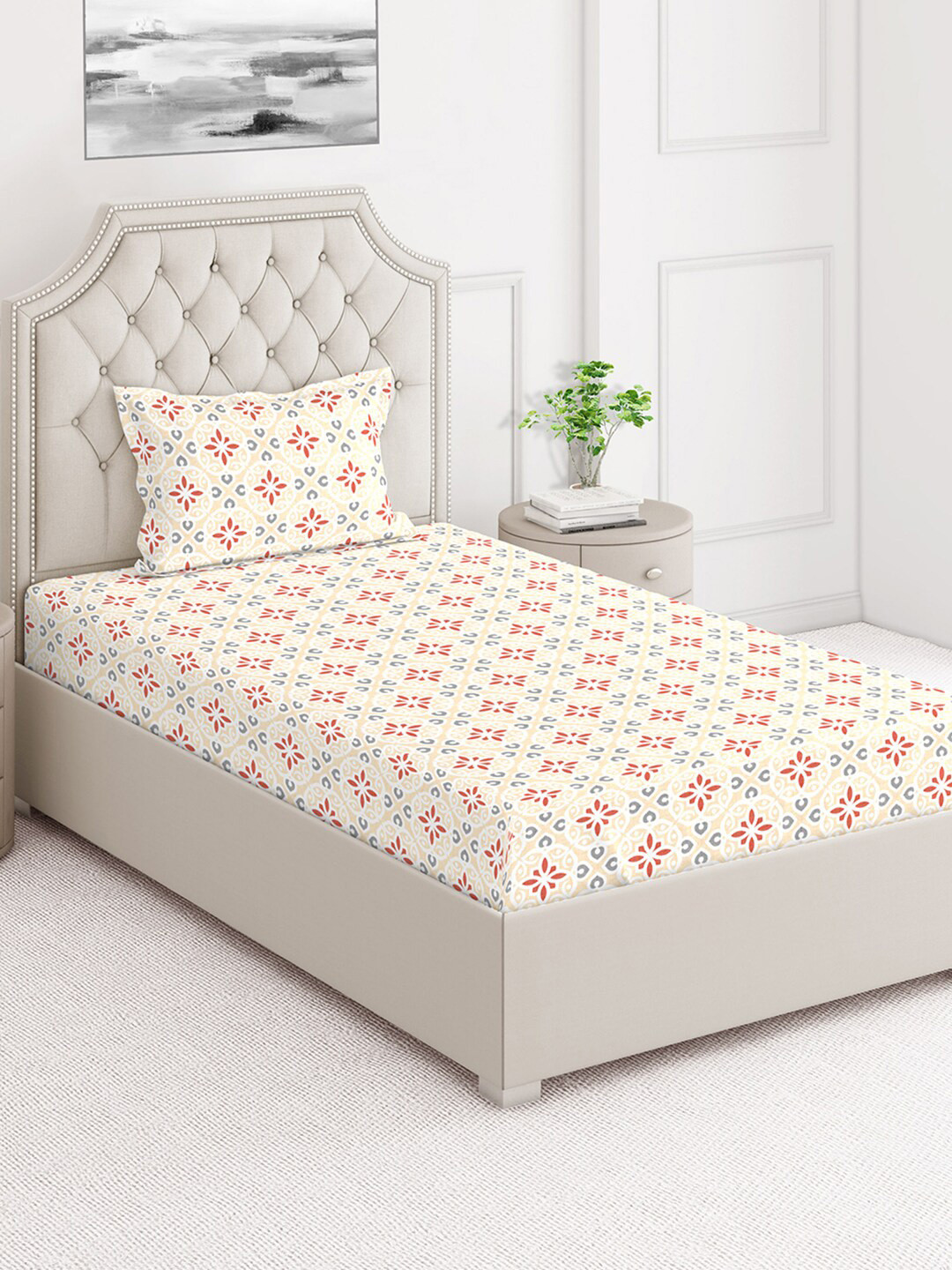 

Layers Beige & Grey Ethnic Motifs 124 TC Flat Single Bedsheet with 1 Pillow Cover