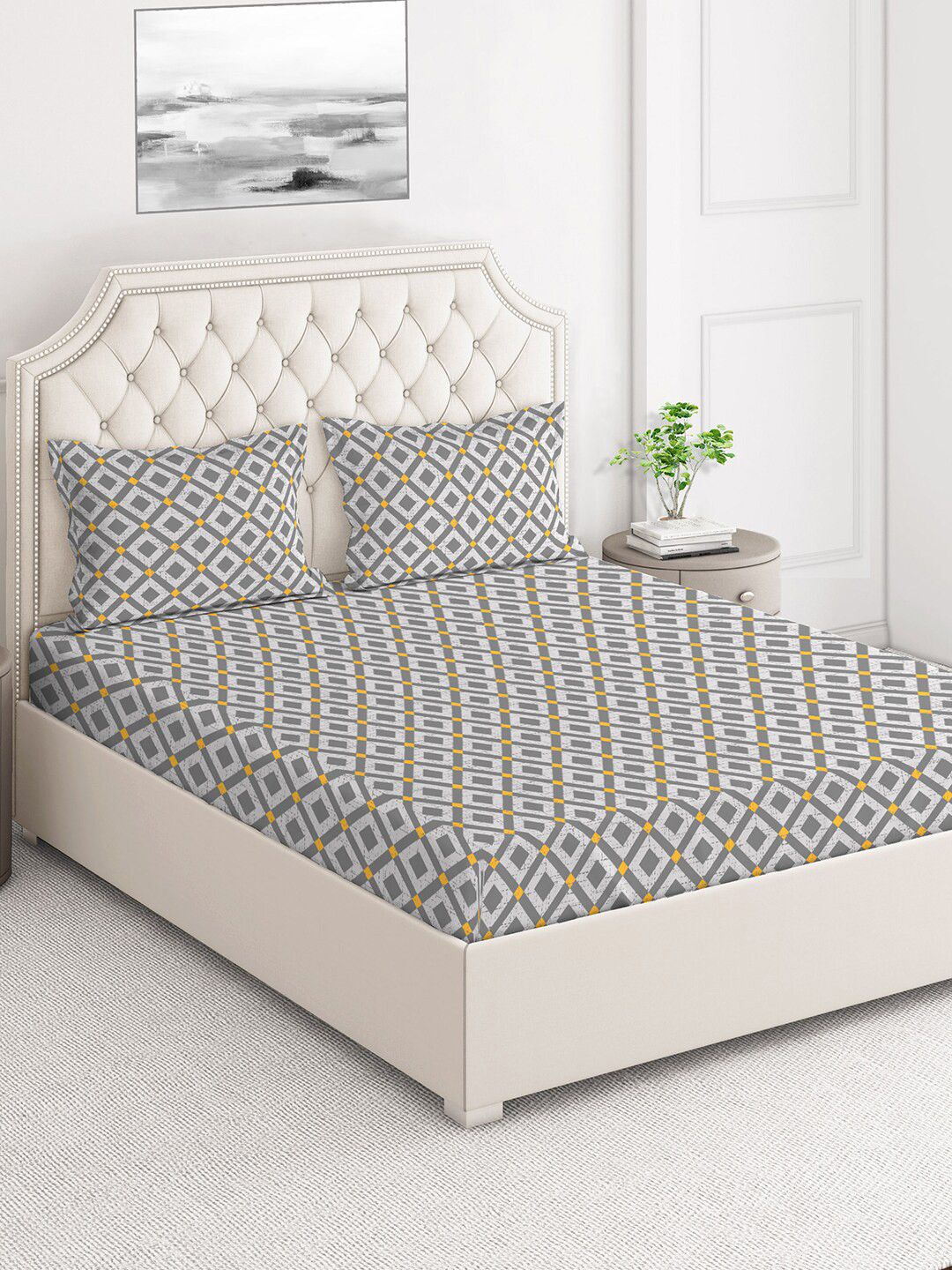 

Layers Grey Geometric 124 TC Flat Cotton Queen Bedsheet with 2 Pillow Covers
