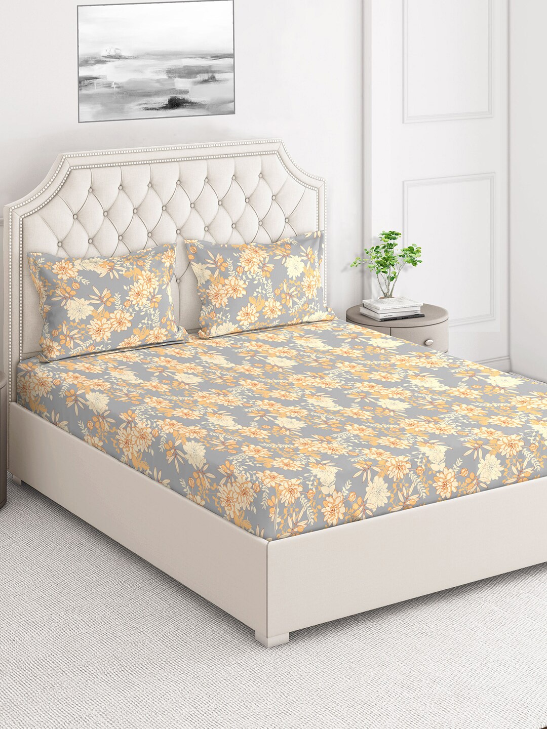 

Layers Yellow & Grey Floral 124 TC Flat Queen Bedsheet with 2 Pillow Covers