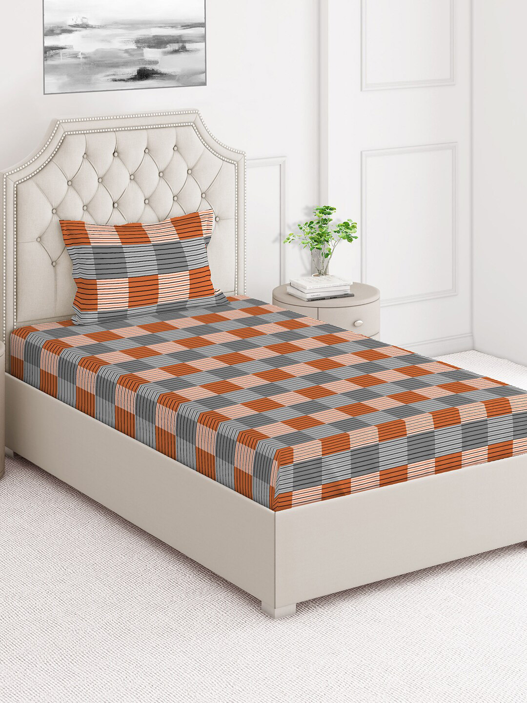 

Layers Firenze Orange & Grey Geometric 140 TC Flat Cotton Single Bedsheet & 1 Pillow Cover