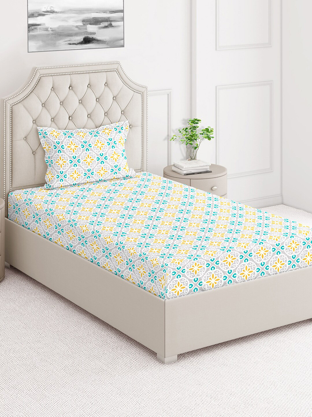 

Layers Grey & Blue Ethnic Motifs 124 TC Flat Single Bedsheet with 1 Pillow Cover