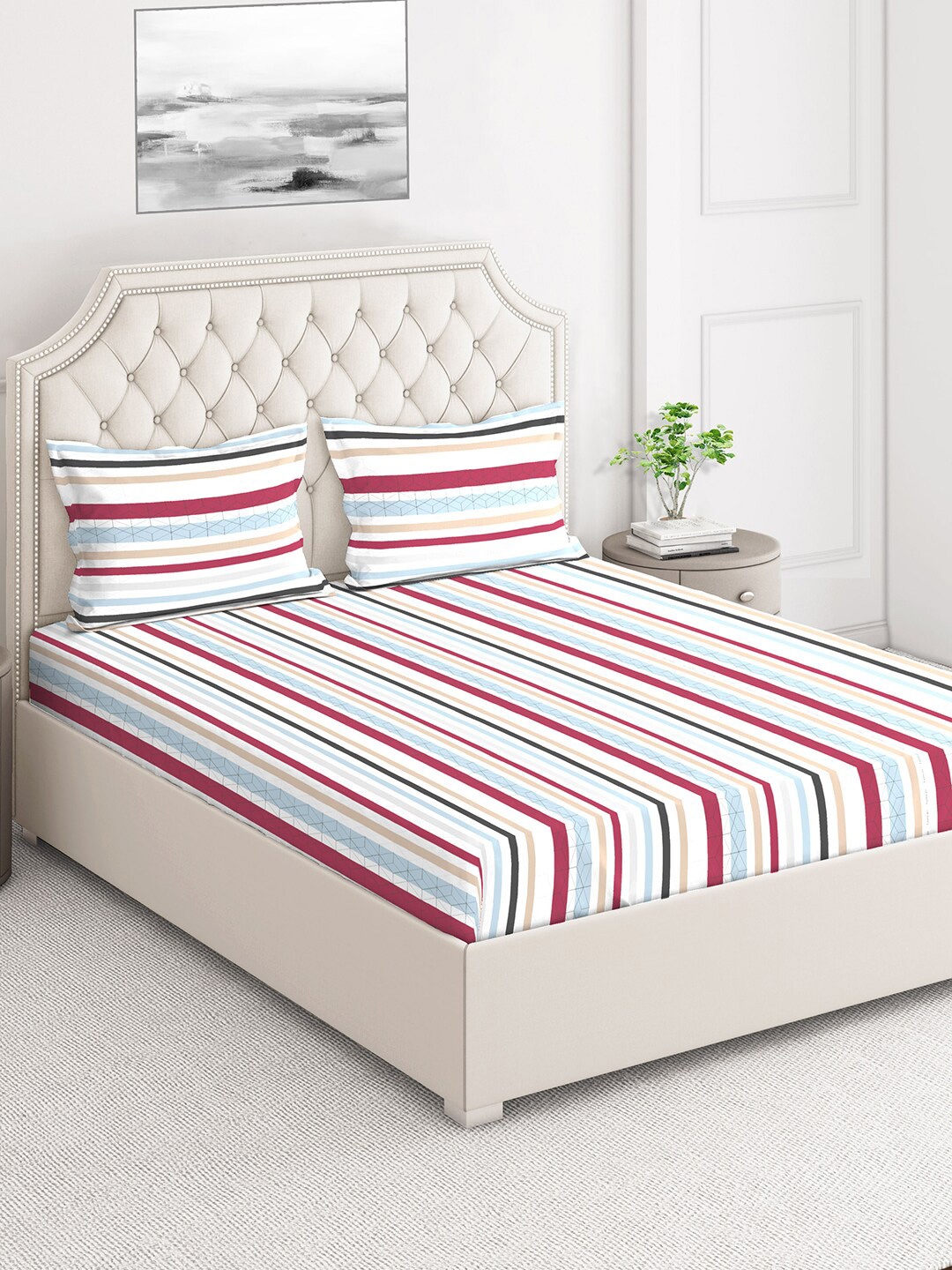 

Layers White & Red Striped 124 TC Flat Queen Bedsheet with 2 Pillow Covers
