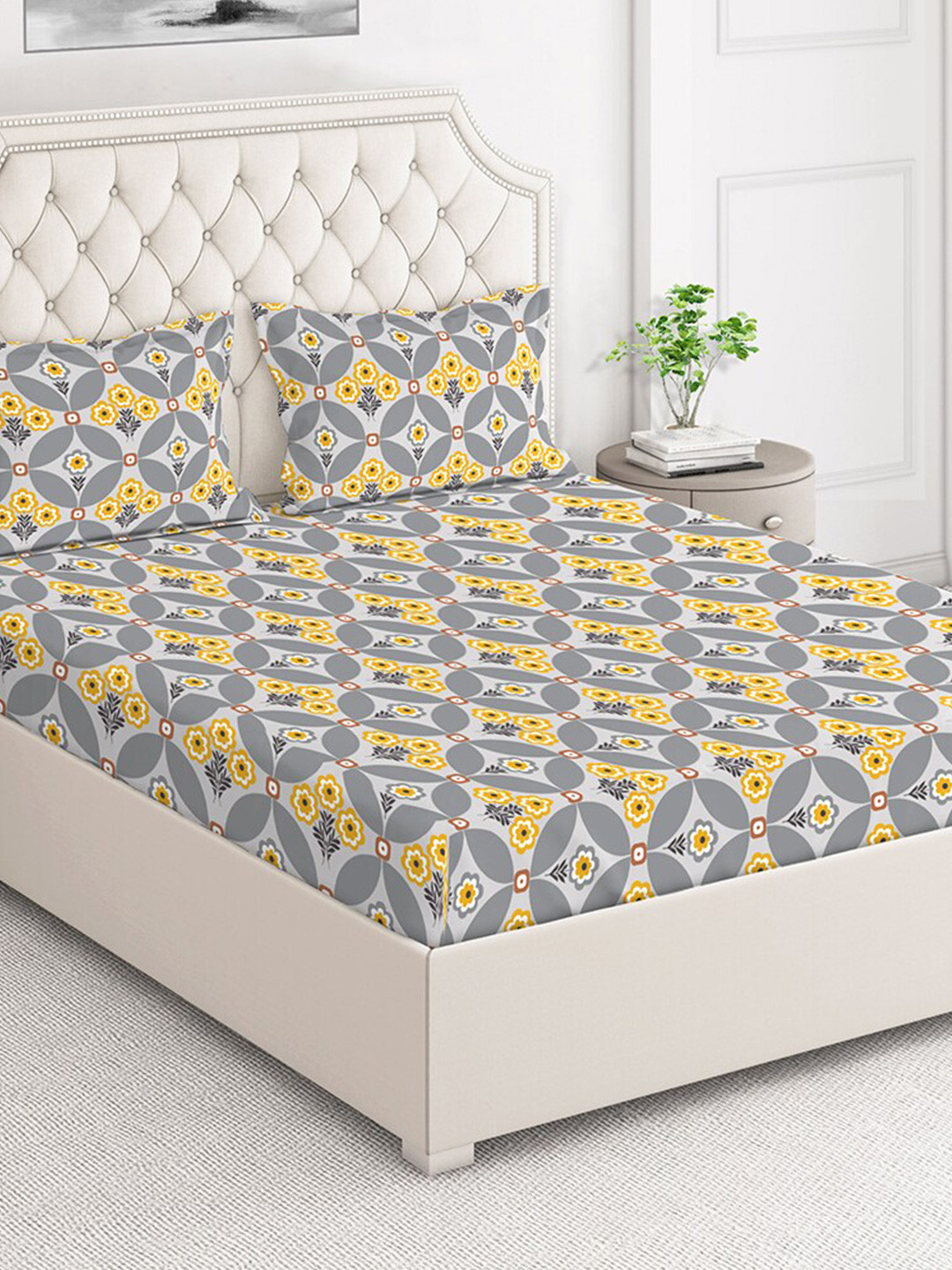 

Layers Firenze Grey & Yellow Floral 140 TC Flat Cotton Queen Bedsheet with 2 Pillow Covers