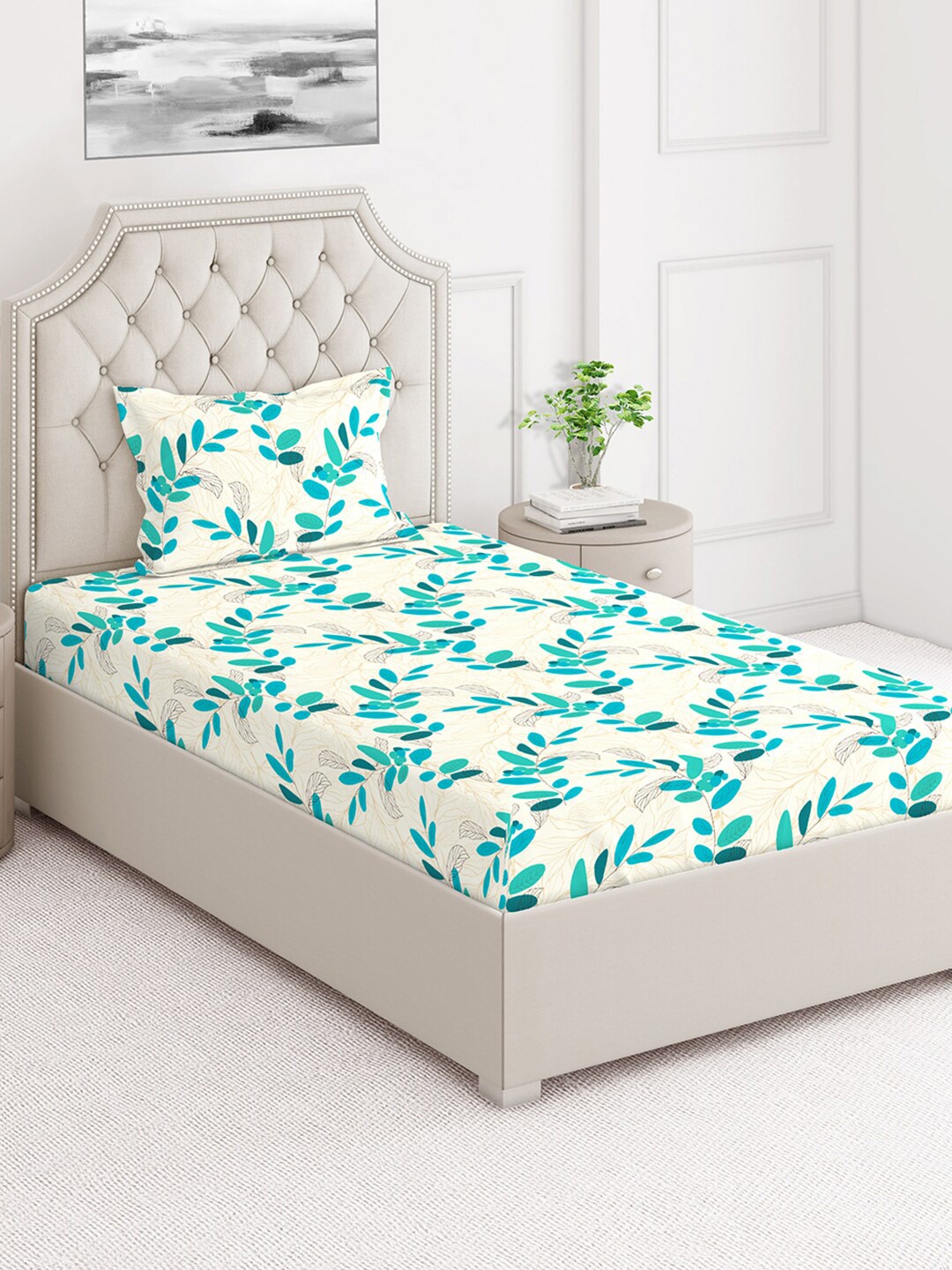 

Layers Beige & Blue Floral 124 TC Flat Cotton Single Bedsheet with 1 Pillow Cover
