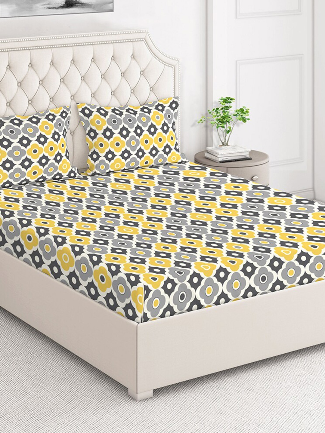 

Layers Firenze Yellow & Grey Floral 140 TC Flat Cotton Queen Bedsheet with 2 Pillow Covers