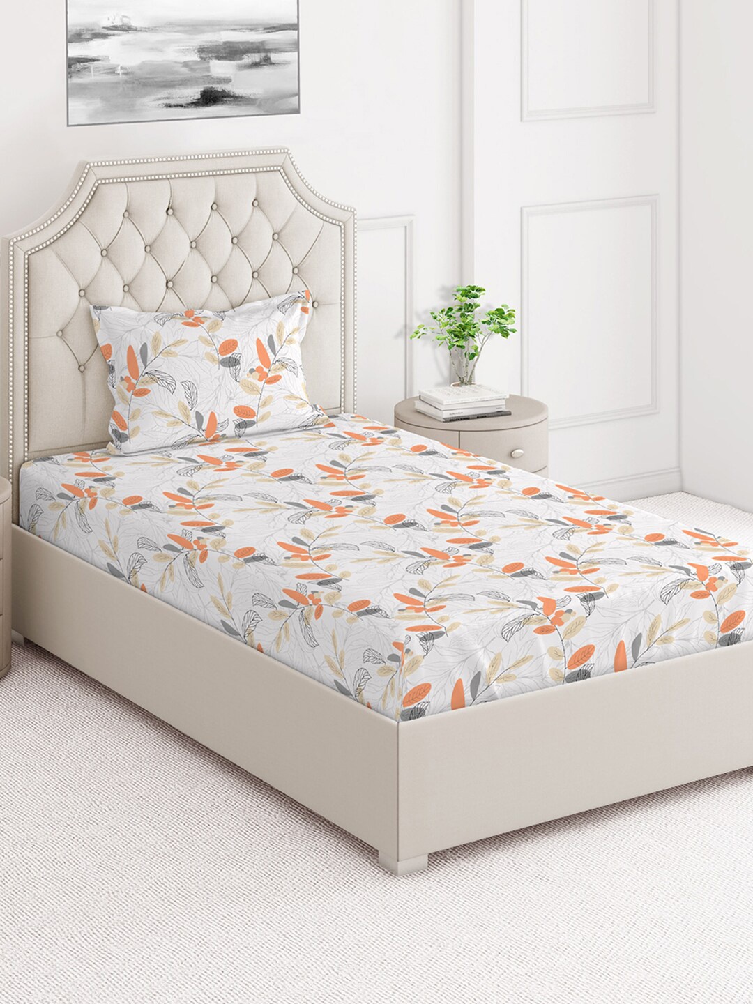 

Layers Grey & Orange Floral 124 TC Flat Cotton Single Bedsheet with 1 Pillow Cover