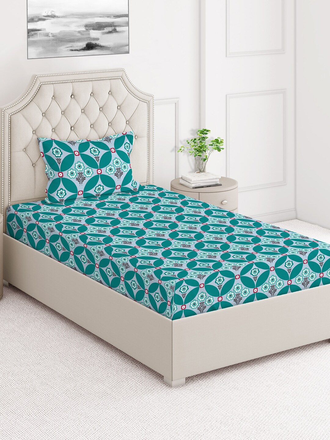

Layers Firenze Green & White 140 TC Flat Cotton Single Bedsheet with 1 Pillow Cover