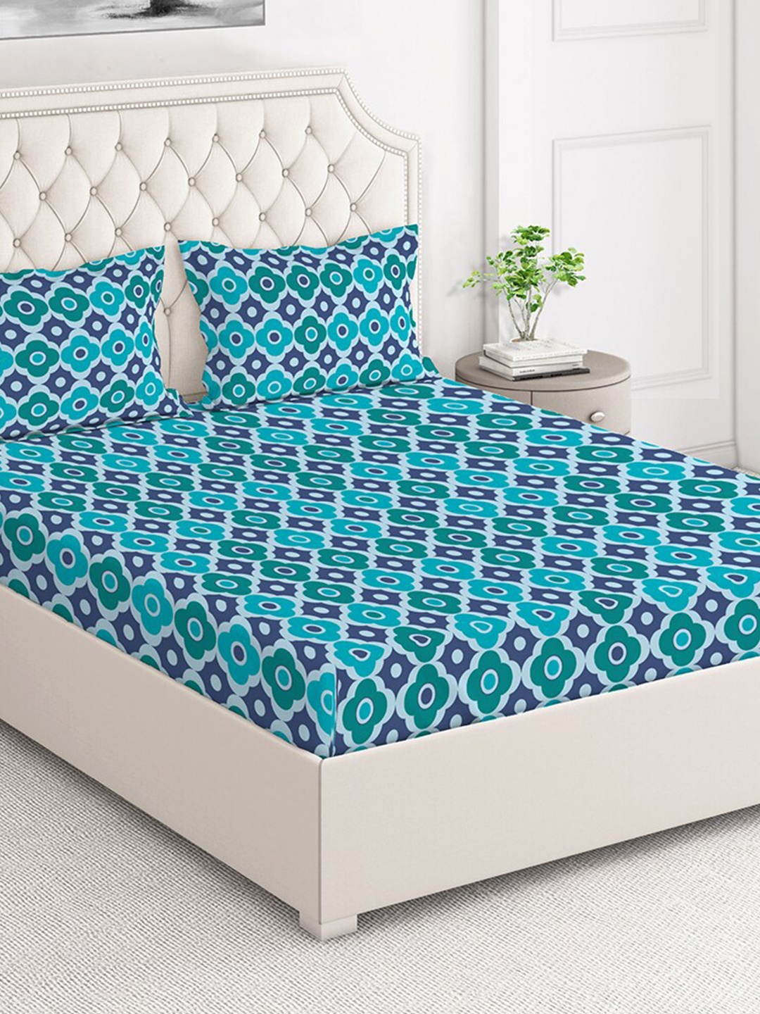 

Layers Firenze Blue & Green Floral 140 TC Flat Cotton Queen Bedsheet with 2 Pillow Covers