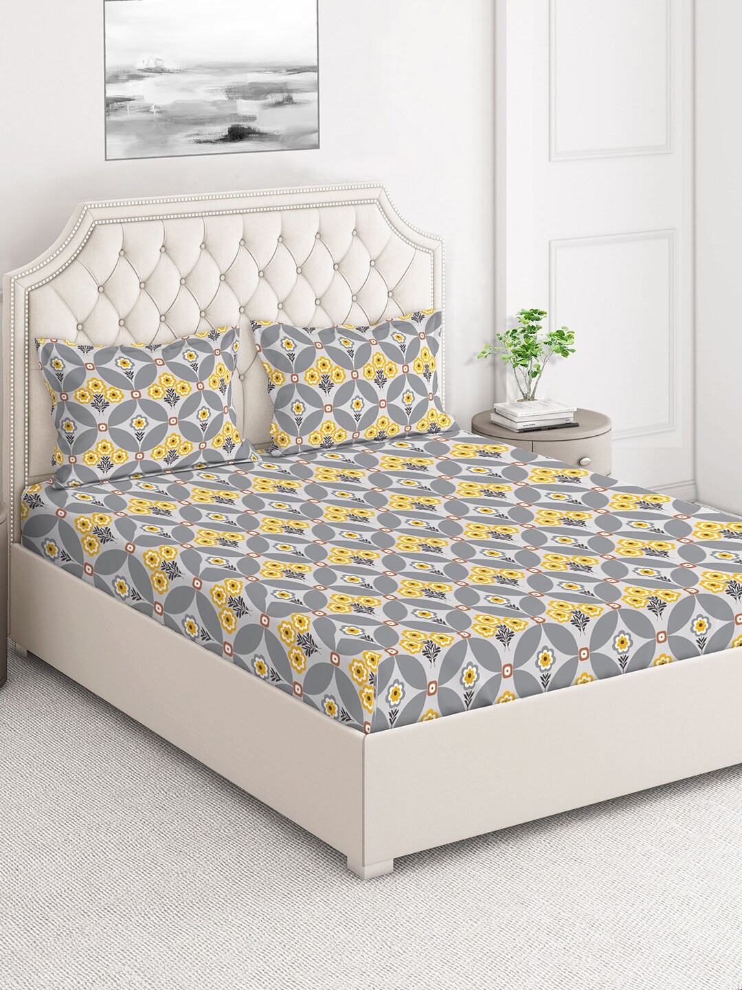 

Layers Firenze Grey & Yellow Floral 140 TC Flat Cotton King Bedsheet with 2 Pillow Covers