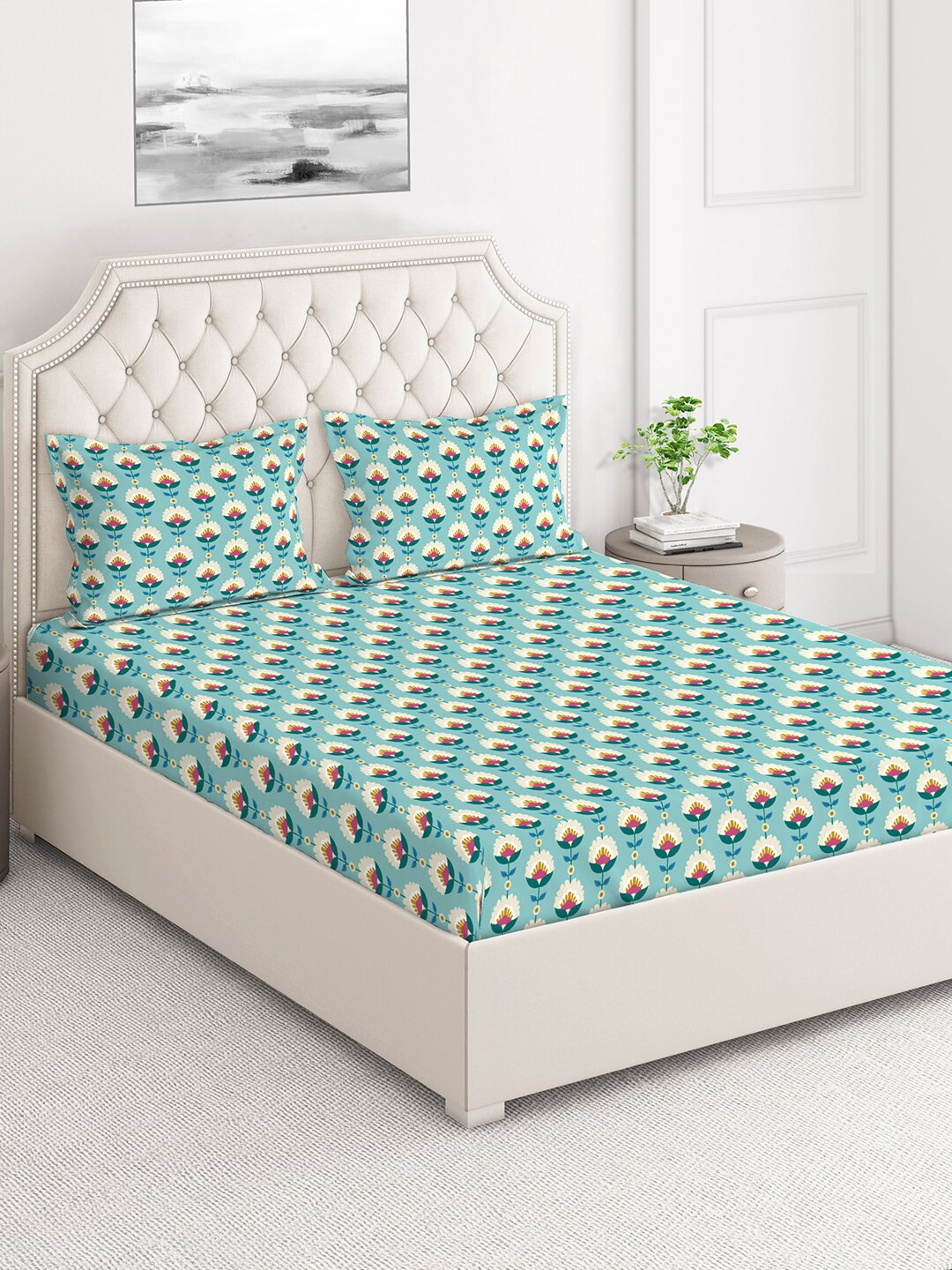 

Layers Firenze Green & Beige 140 TC Flat Cotton King Bedsheet with 2 Pillow Covers