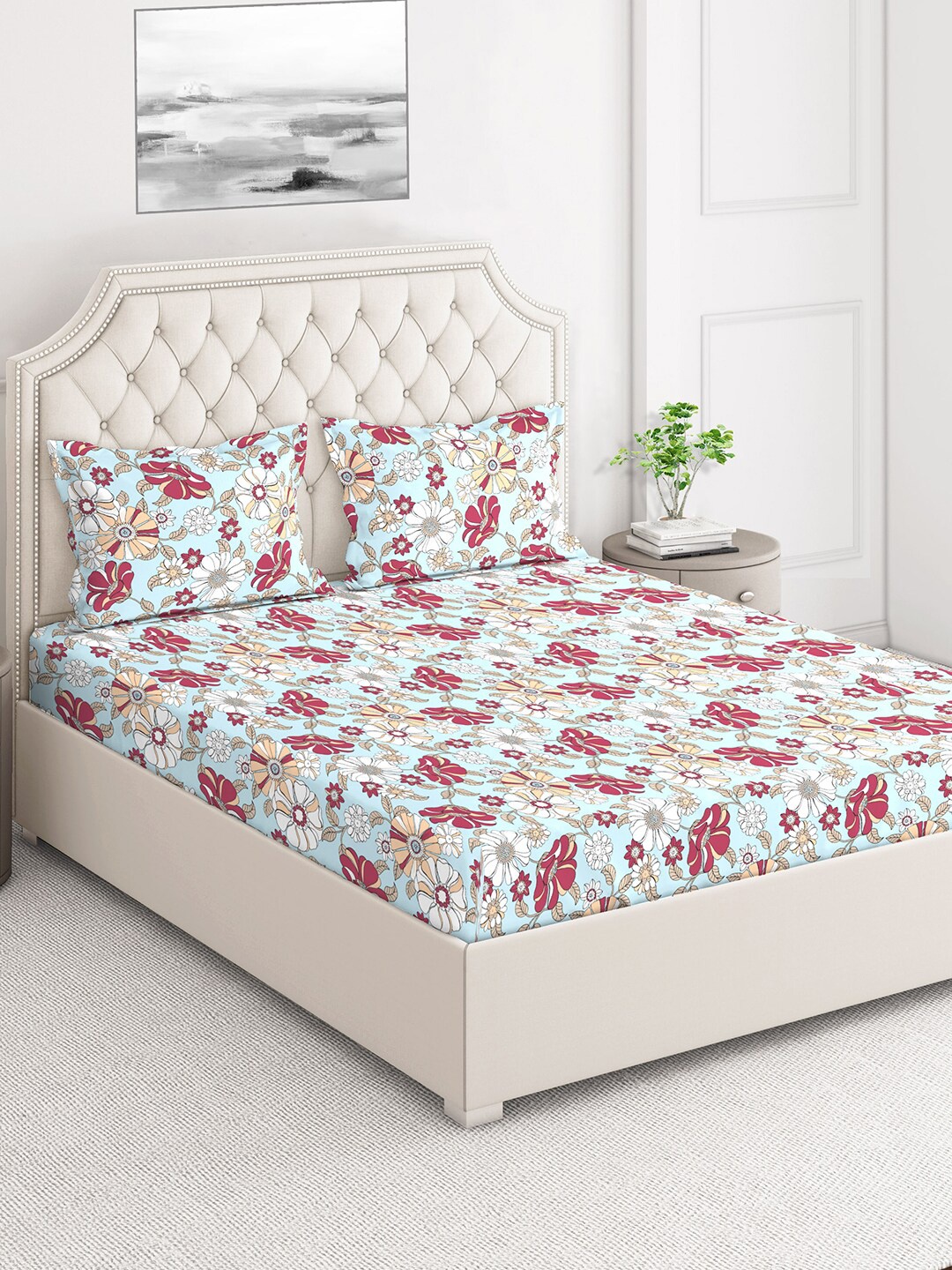 

Layers Blue & Pink Floral 124 TC Flat Queen Bedsheet with 2 Pillow Covers