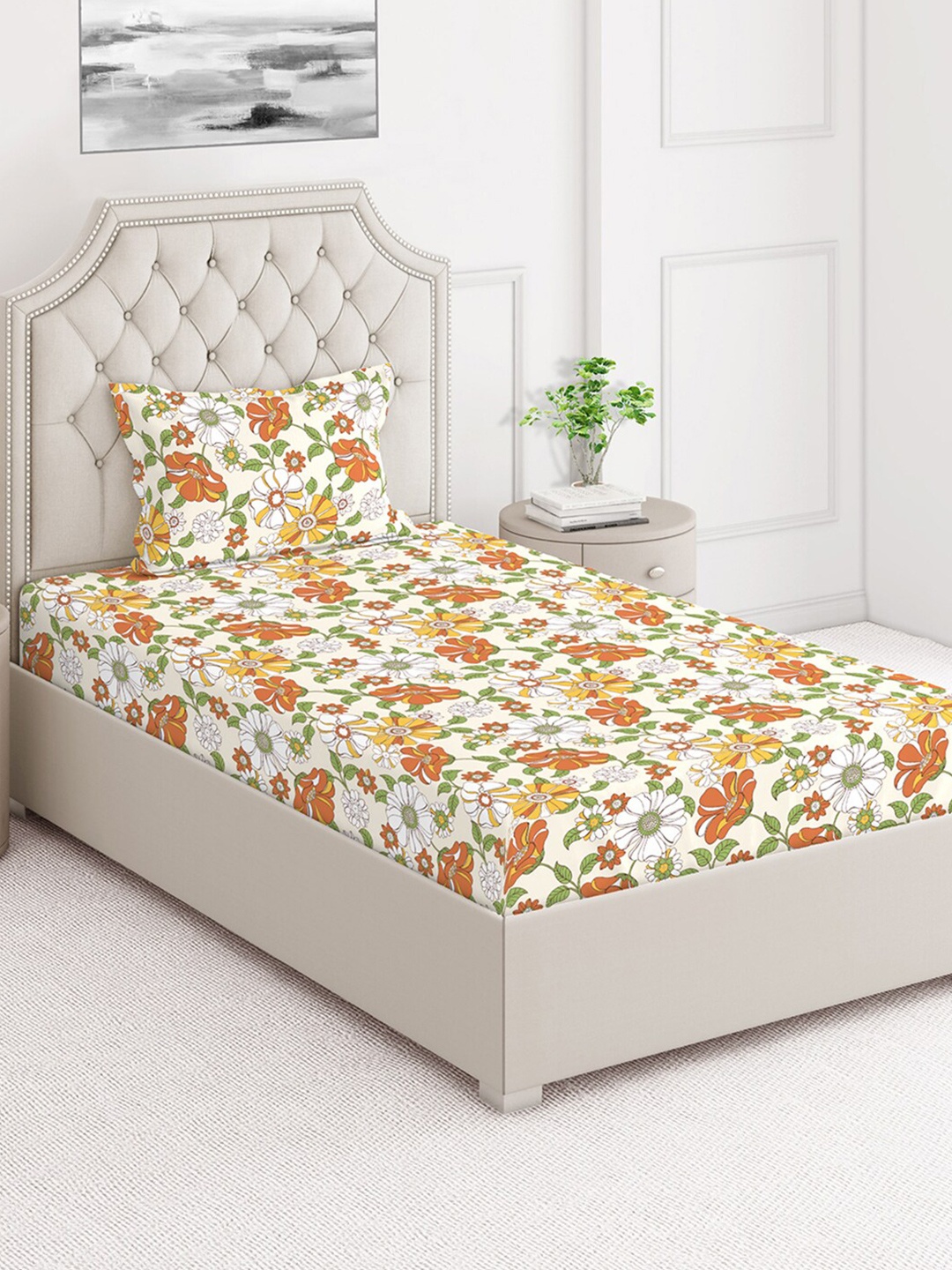 

Layers White & Yellow Floral 124 TC Flat Single Bedsheet With 1 Pillow Cover