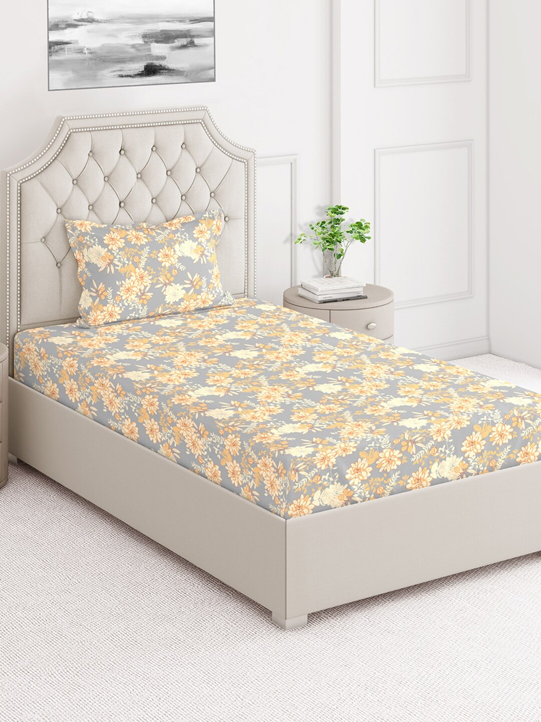 

Layers Grey & Yellow Floral 124 TC Flat Single Bedsheet with 1 Pillow Cover