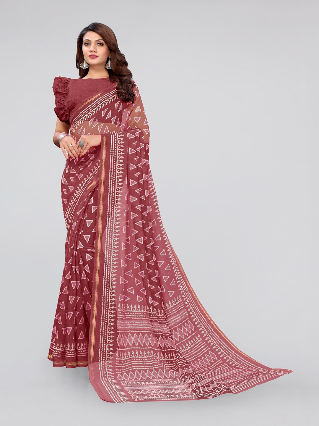 

MIRCHI FASHION Batik Printed Zari Bordered Saree, Maroon
