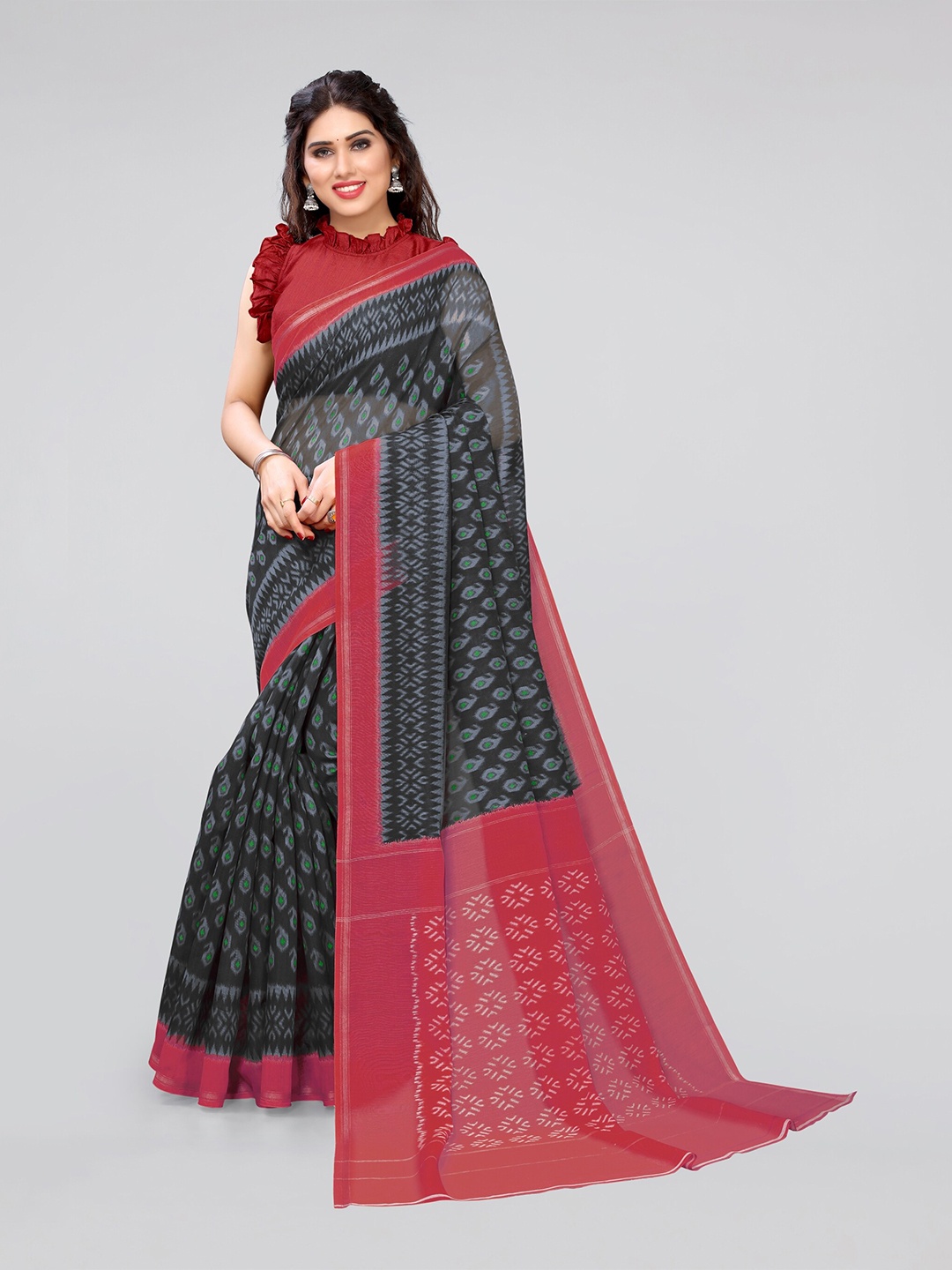 

MIRCHI FASHION Abstract Printed Zari Ikat Saree, Black