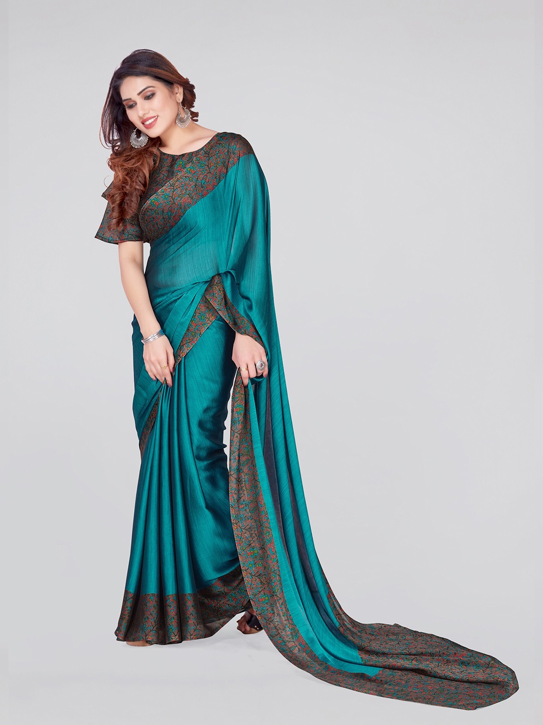 

KALINI Printed Border Saree With Blouse Piece, Teal