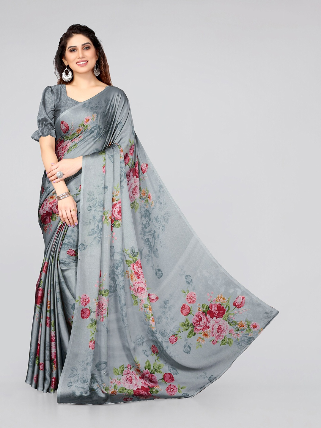 MIRCHI FASHION Floral Printed Saree, Grey