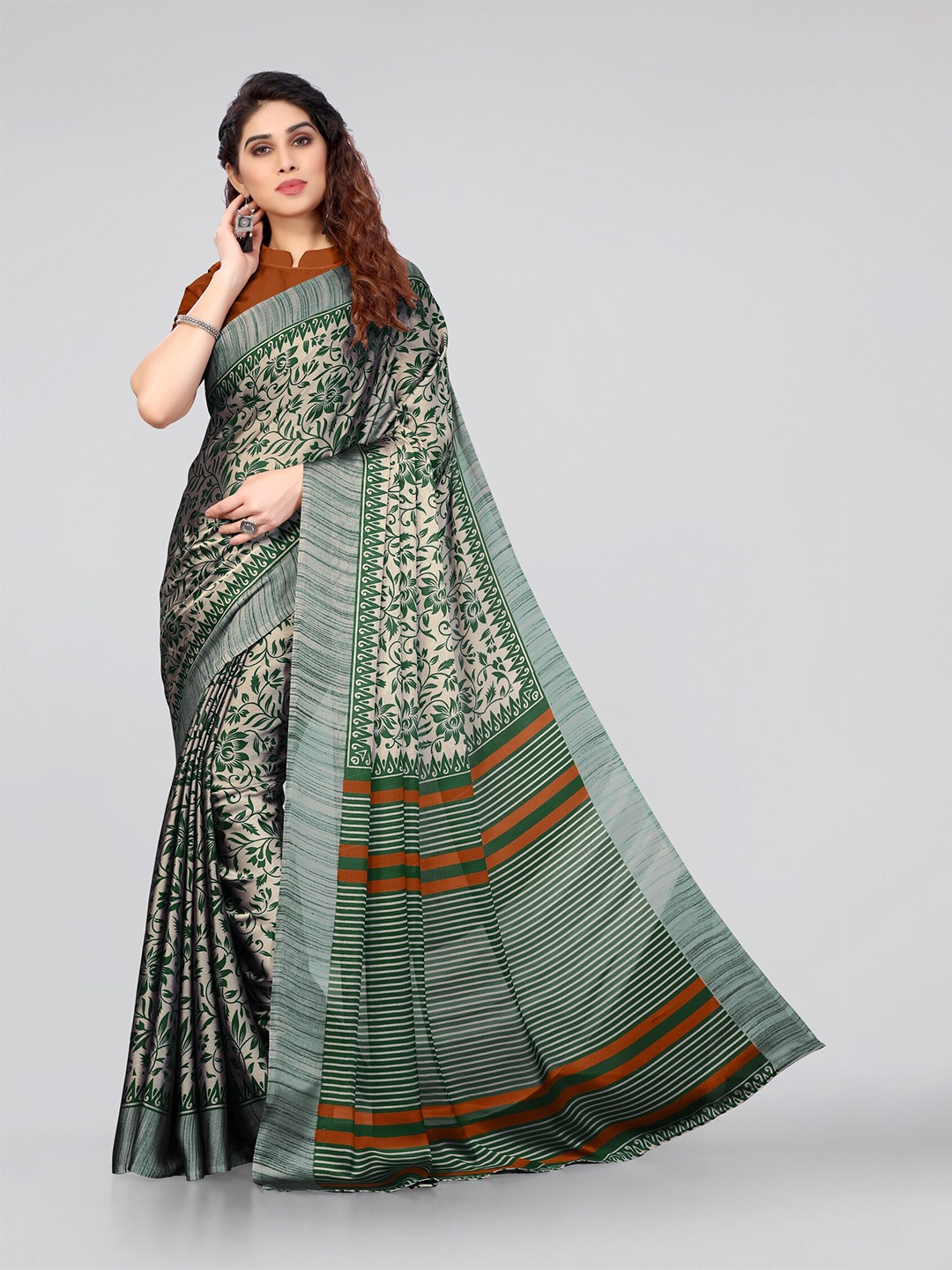 

KALINI Floral Striped Printed Saree, Beige