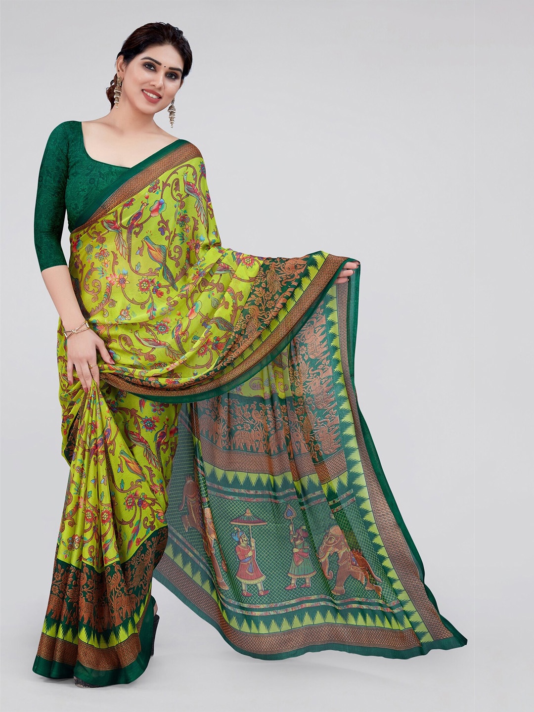 

MIRCHI FASHION Floral Printed Chiffon Saree, Green