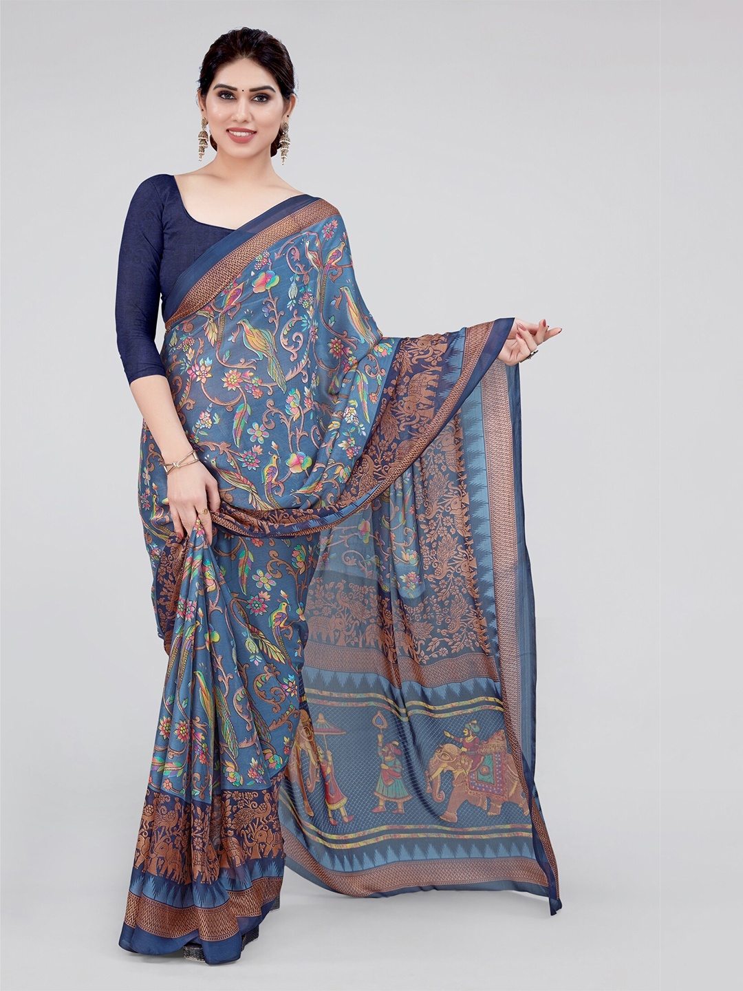

MIRCHI FASHION Grey & Navy Blue Floral Saree