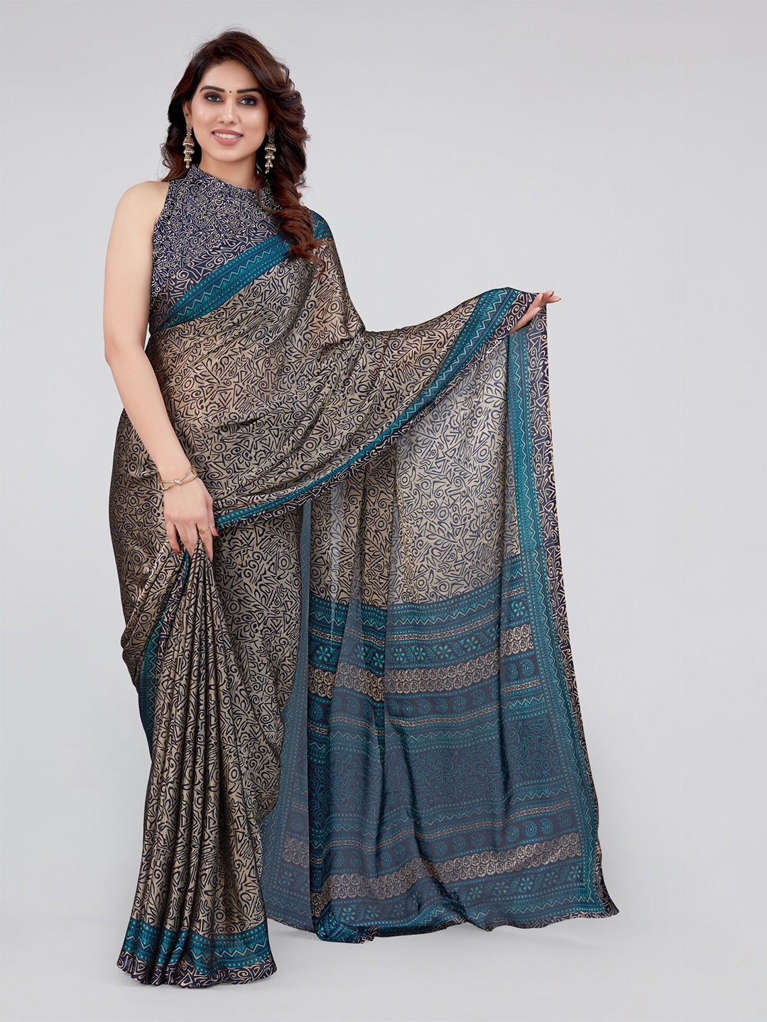 

MIRCHI FASHION Turquoise Blue & Beige Saree