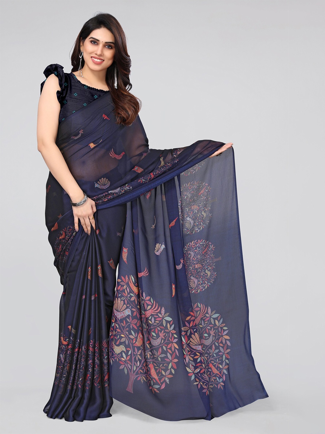 

MIRCHI FASHION Navy Blue & Red Ethnic Motifs Saree
