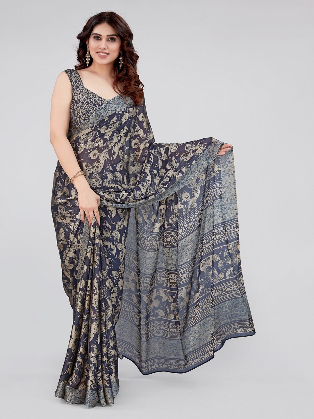 

KALINI Navy Blue & Beige Floral Saree