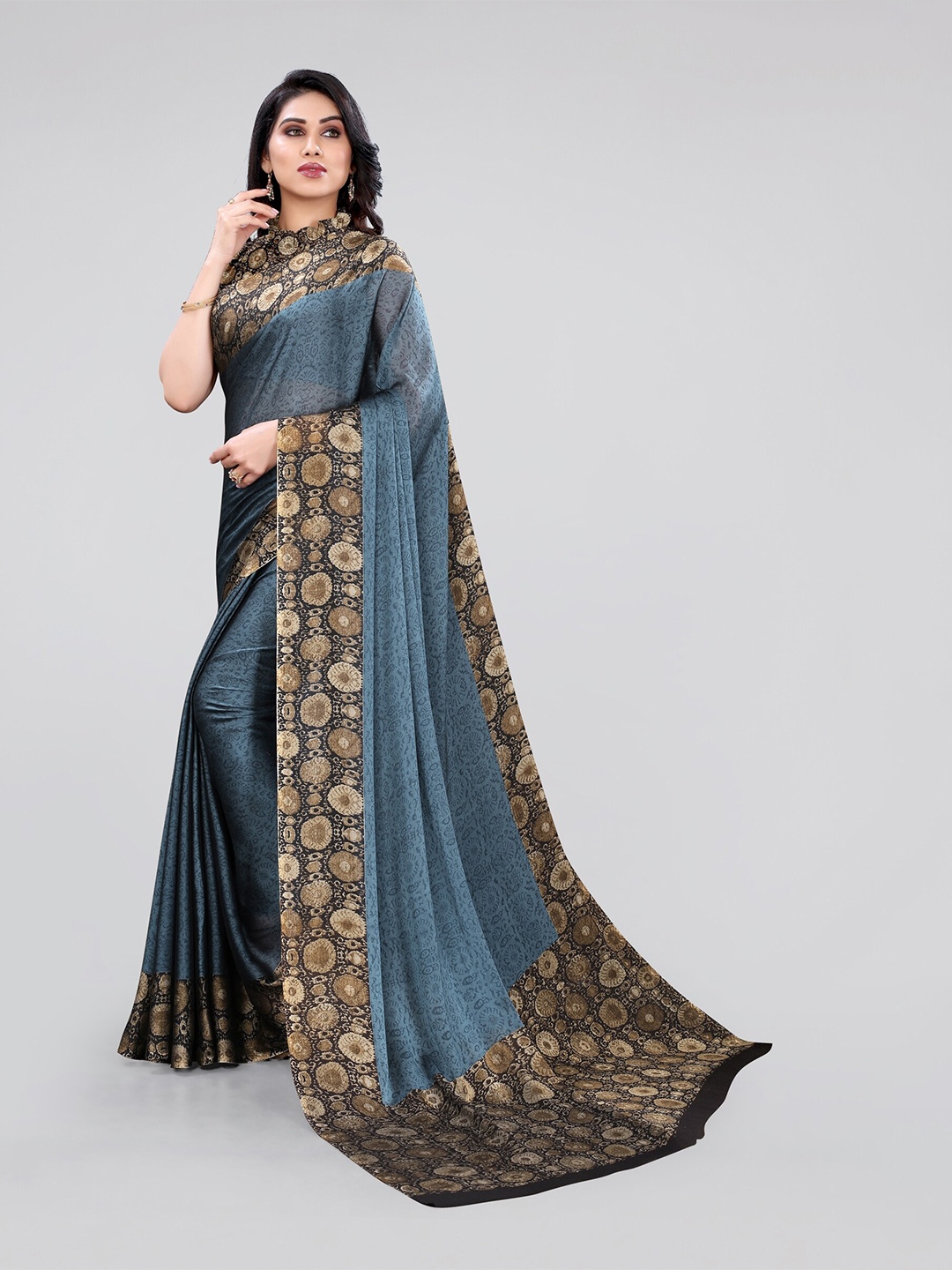 

KALINI Grey & Coffee Brown Floral Saree