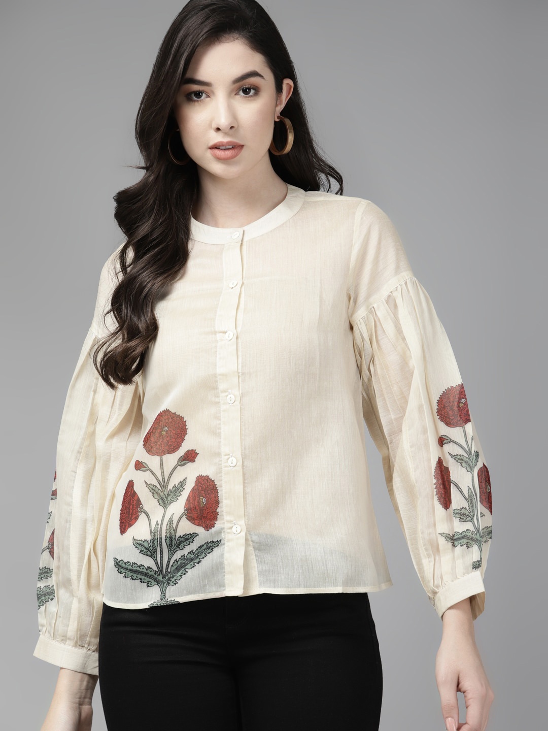 

Bhama Couture Floral Printed Mandarin Collar Shirt Style Top, Beige