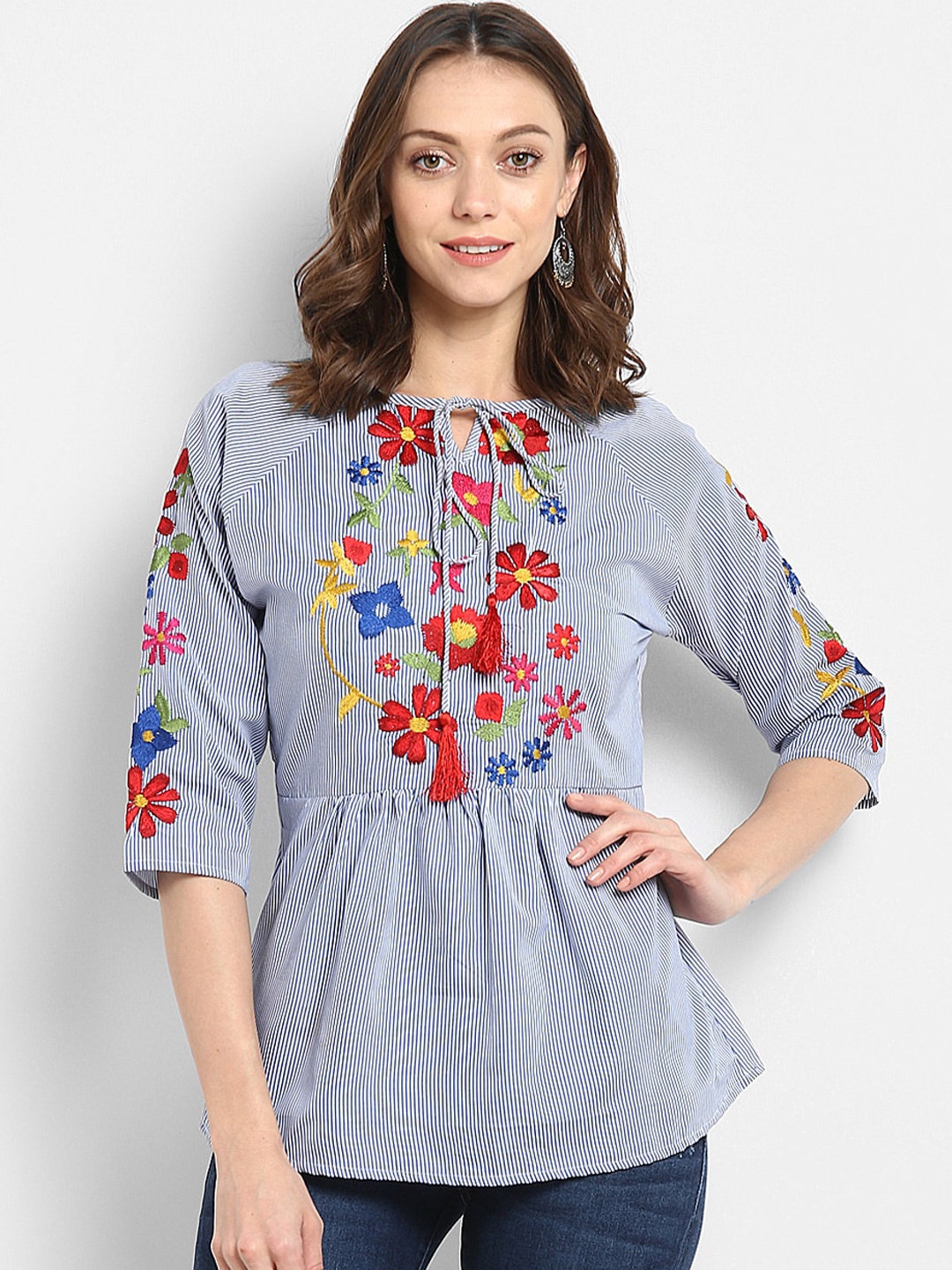 

Bhama Couture Floral Embroidered Tie-Up Neck Pure Cotton Top, Blue