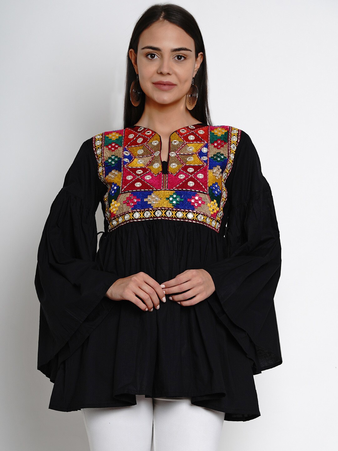 

Bhama Couture Black & Pink Mandarin Collar Embroidered Bohemian Tunic