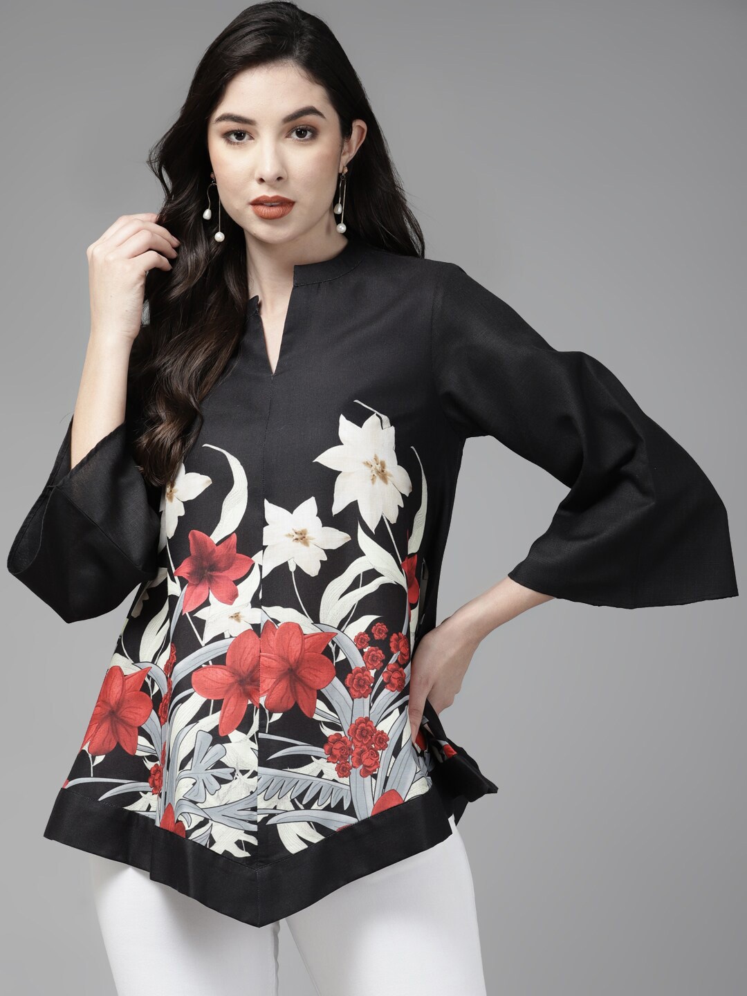 

Bhama Couture Black & White Mandarin Collar Printed Tunic