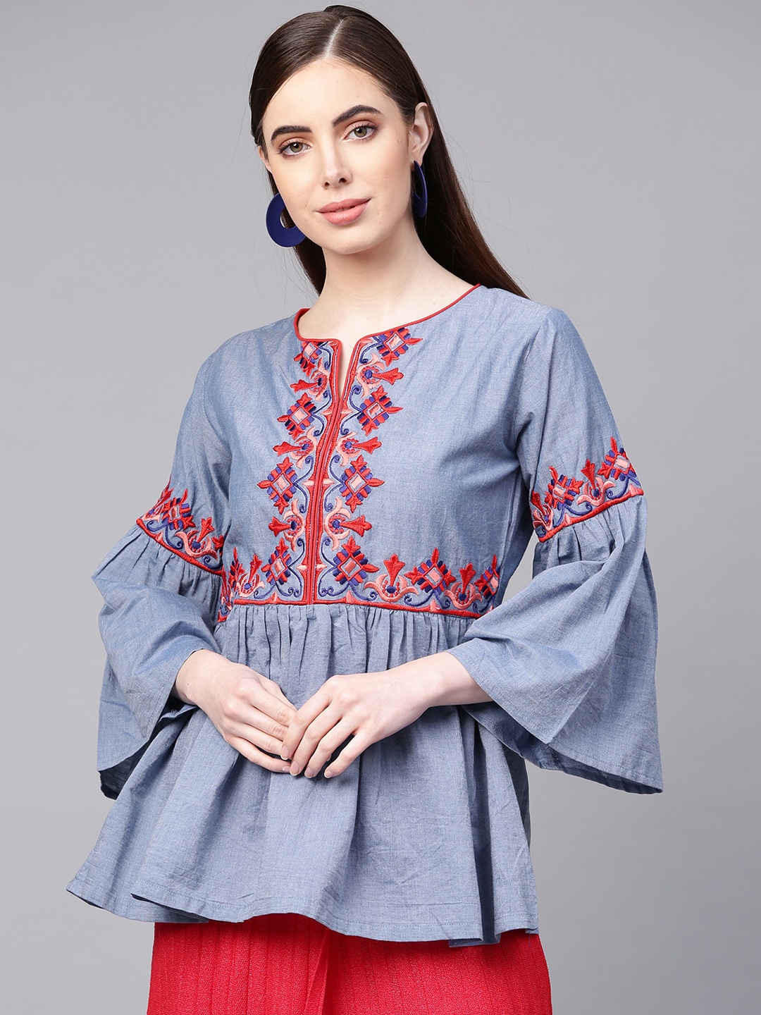 

Bhama Couture Ethnic Motifs Printed Embroidered Top, Blue