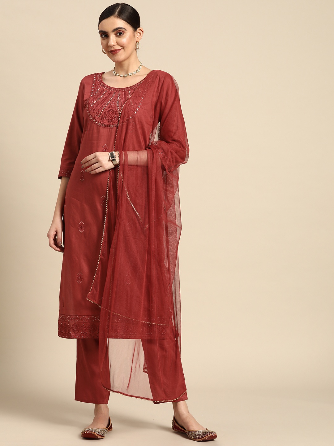 

Anouk Women Floral Embroidered Mirror Work Kurta With Trousers & Dupatta, Maroon