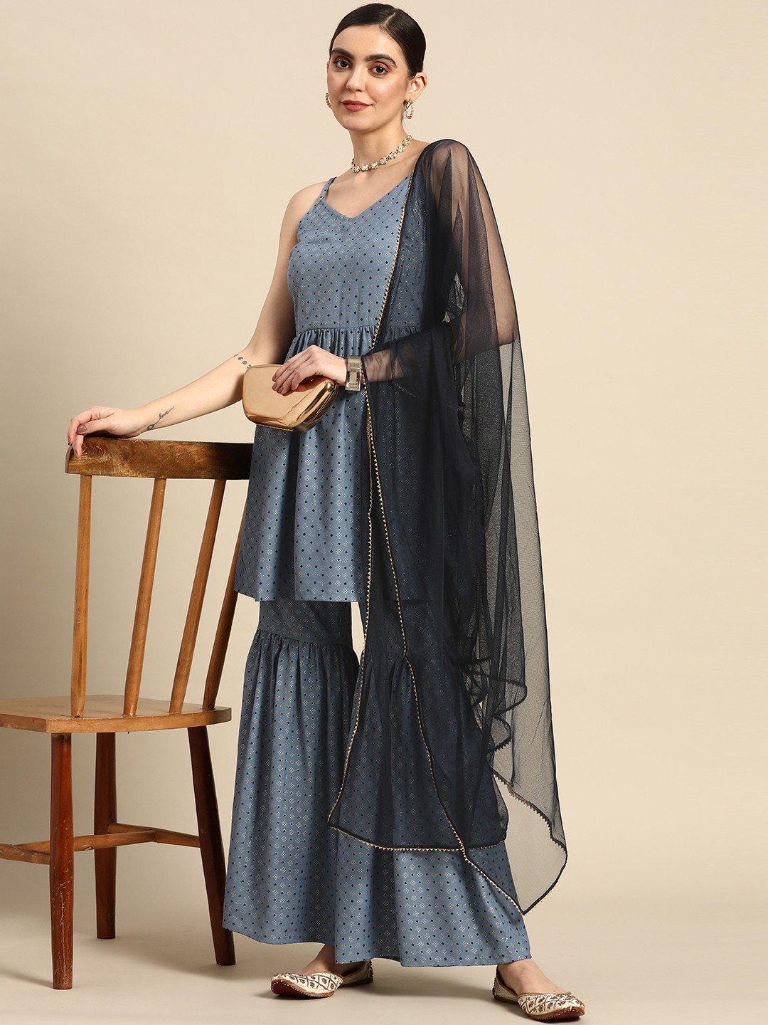 

Anouk Women Printed Pleated Kurti With Sharara & Dupatta, Blue